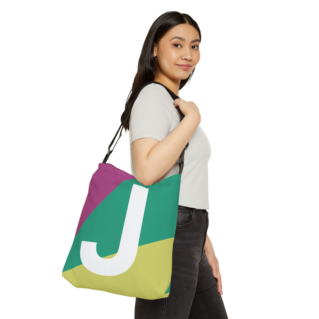Initial Letter 'J' Colorblock Adjustable Tote Bag — Monogram Alphabet Shoulder Bag