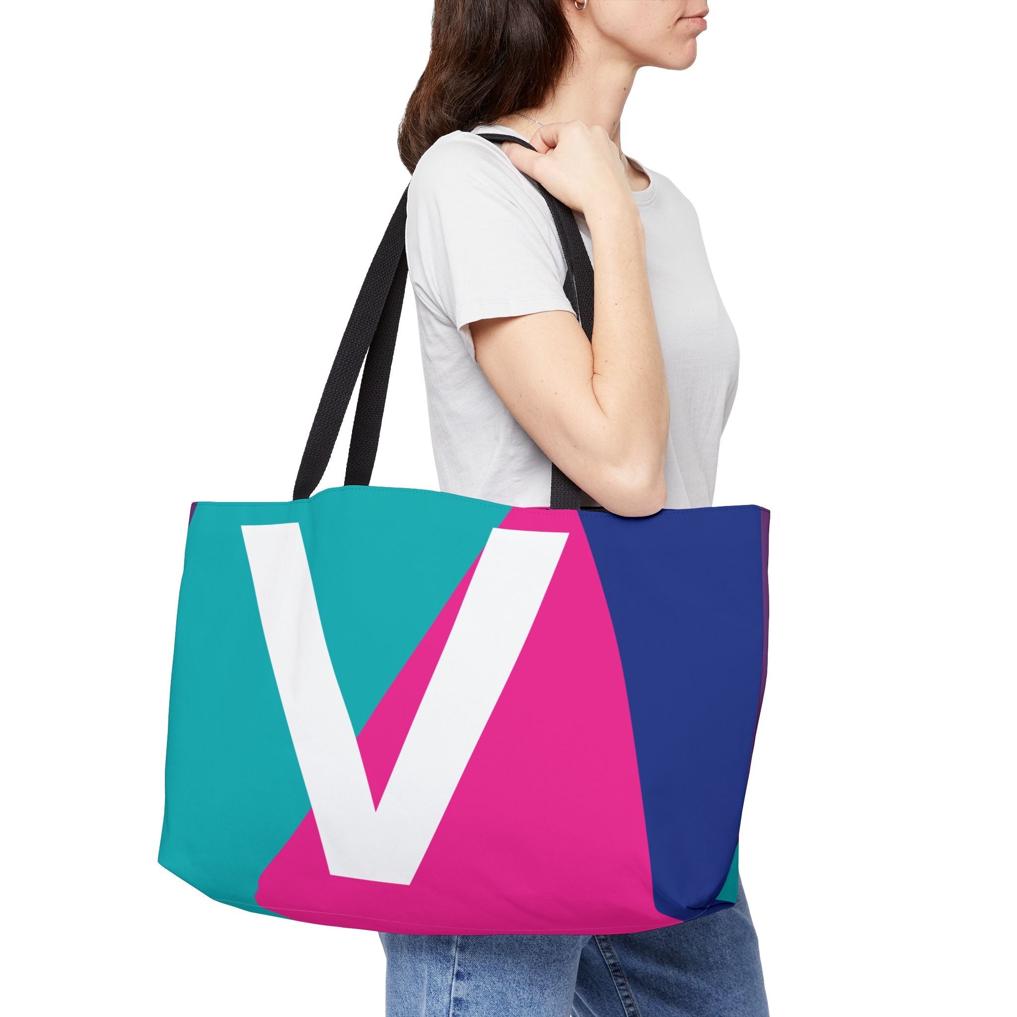 Personalized 'V' Colorblock Tote Bag — Monogram Weekender Tote