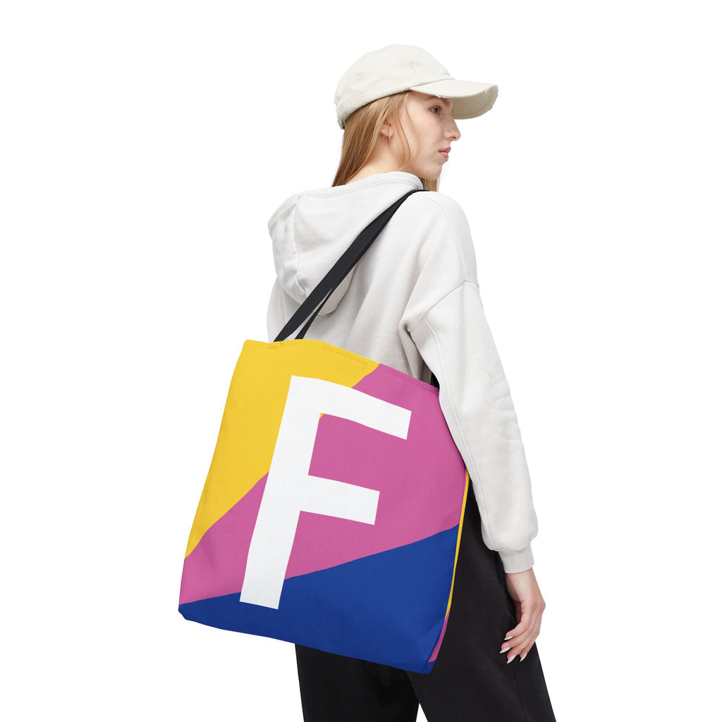 Monogram 'F' Colorblock Tote Bag — Personalized Initial F Shoulder Tote