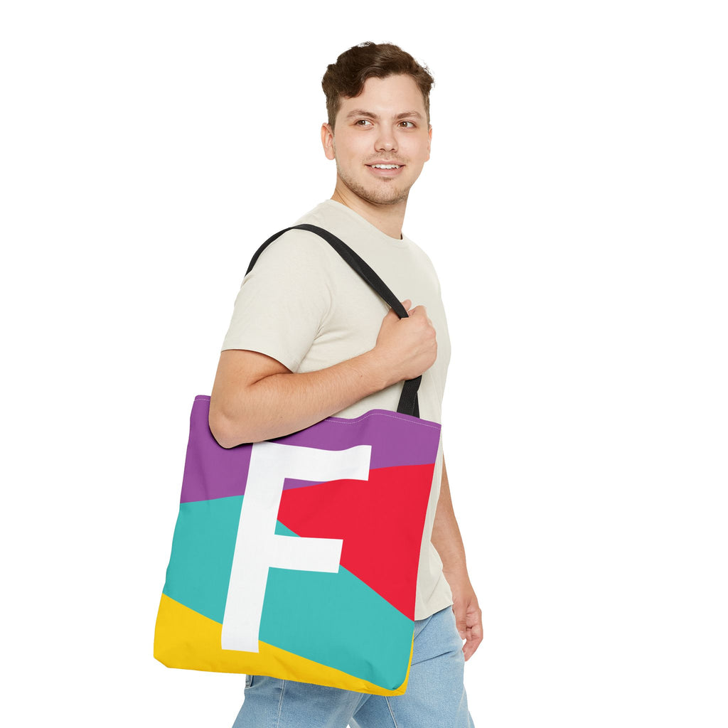 Monogram 'F' Colorblock Tote Bag — Personalized Initial F Shoulder Tote