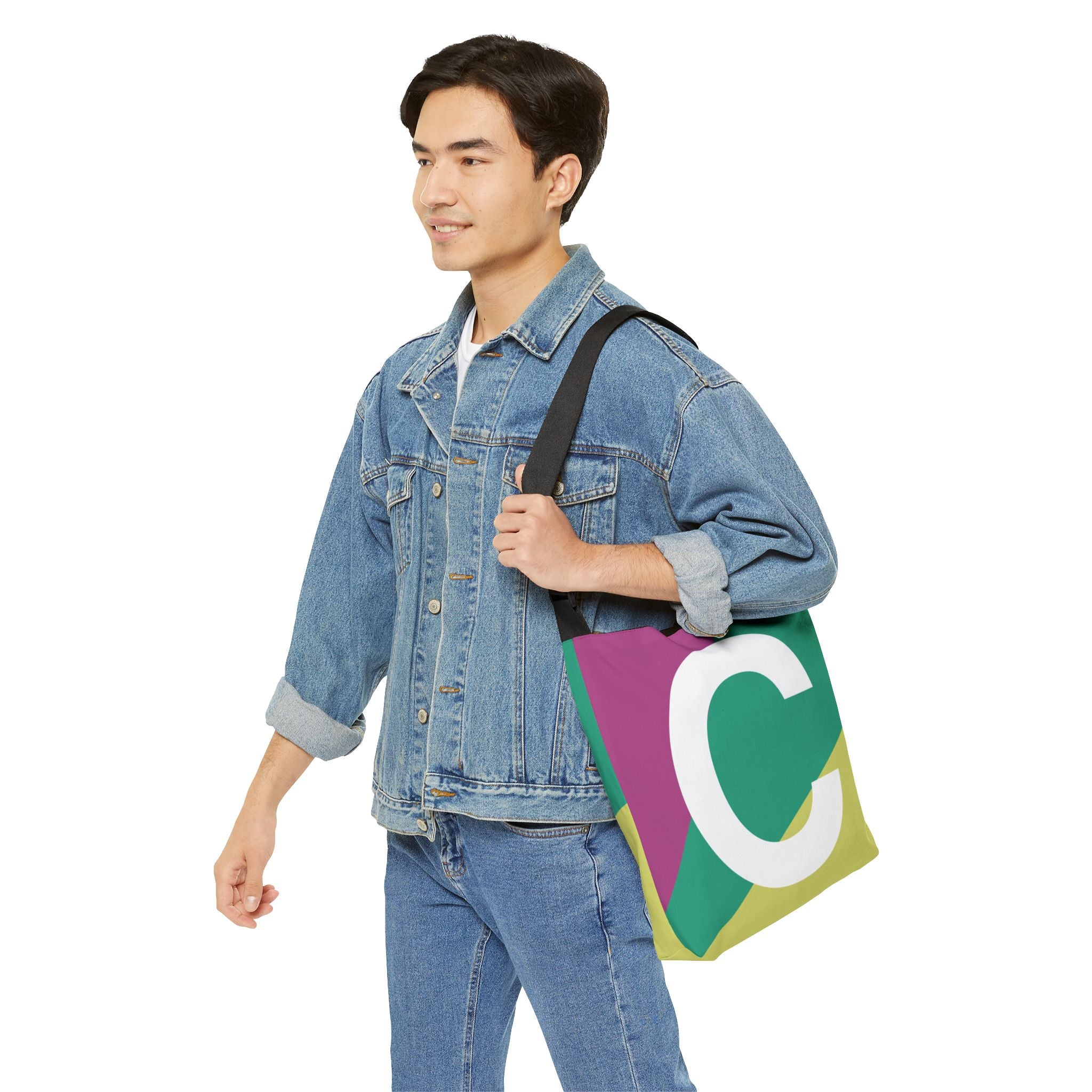 Initial Letter 'C' Colorblock Adjustable Tote Bag — Monogram Alphabet Shoulder Bag