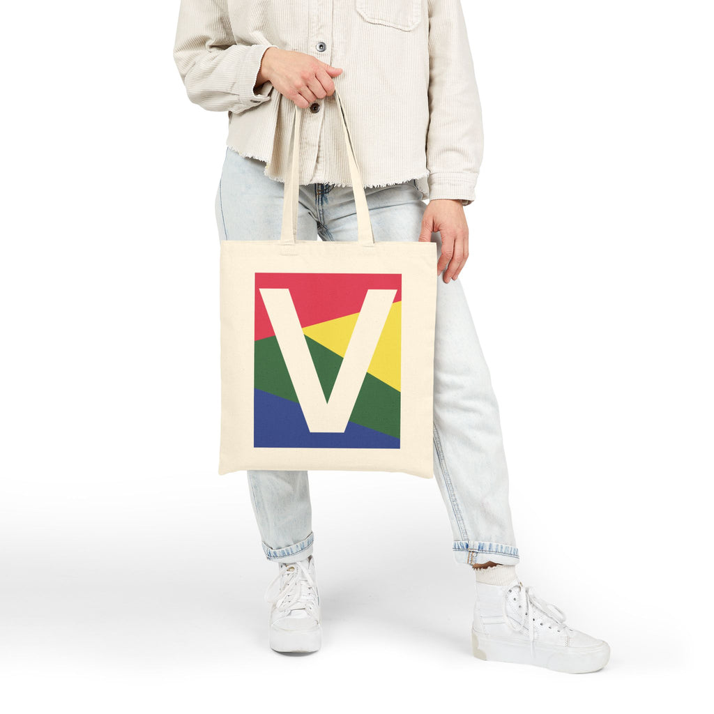 Initial V Colorblock Canvas Tote Bag — Monogram Letter V Reusable Grocery Tote