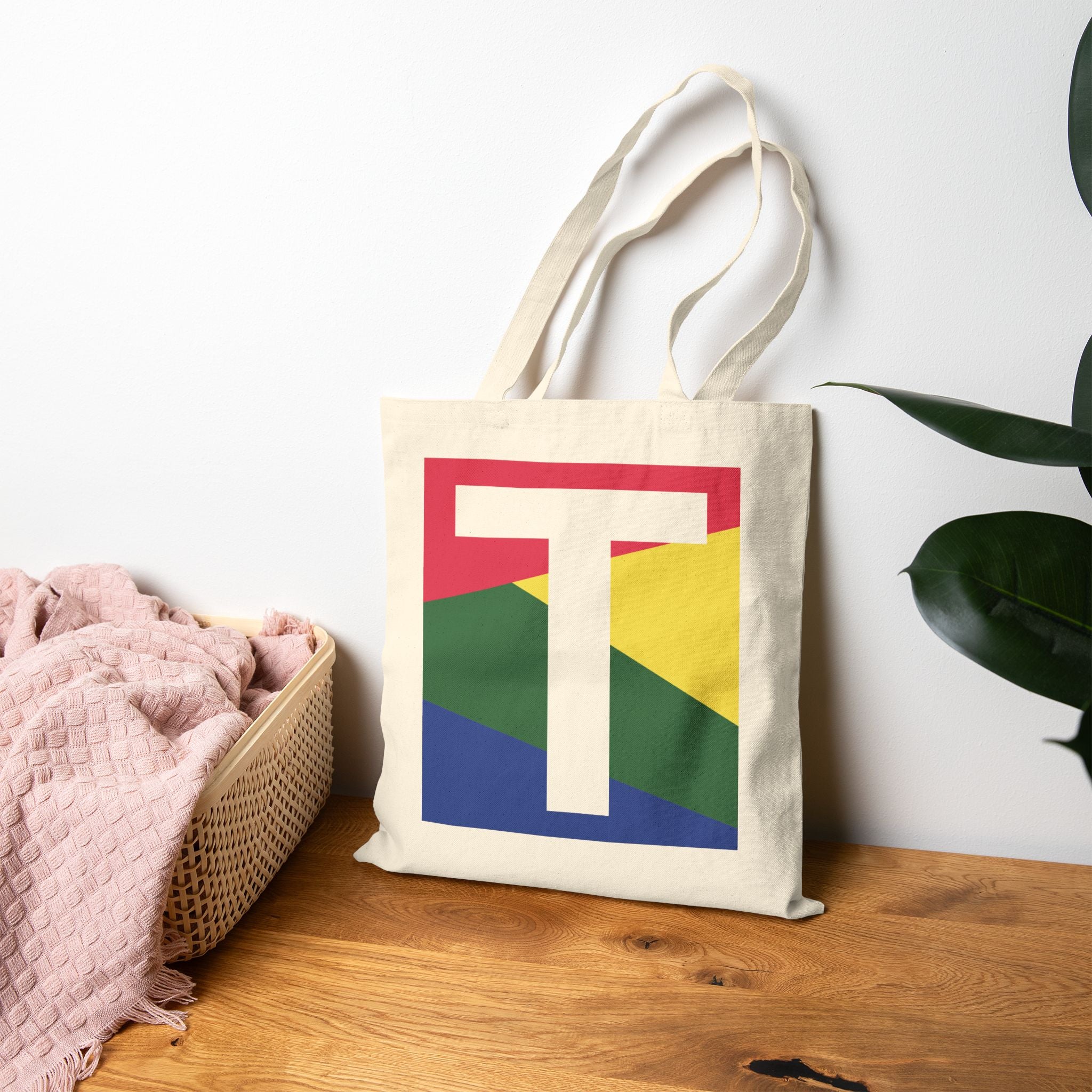 Initial T Colorblock Canvas Tote Bag — Monogram Letter T Reusable Grocery Tote