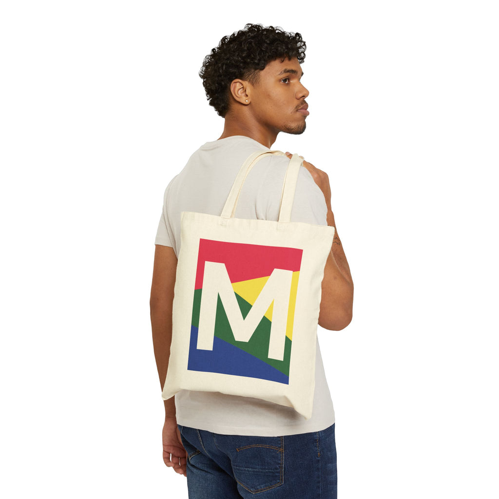 Initial M Colorblock Canvas Tote Bag — Monogram Letter M Reusable Grocery Tote