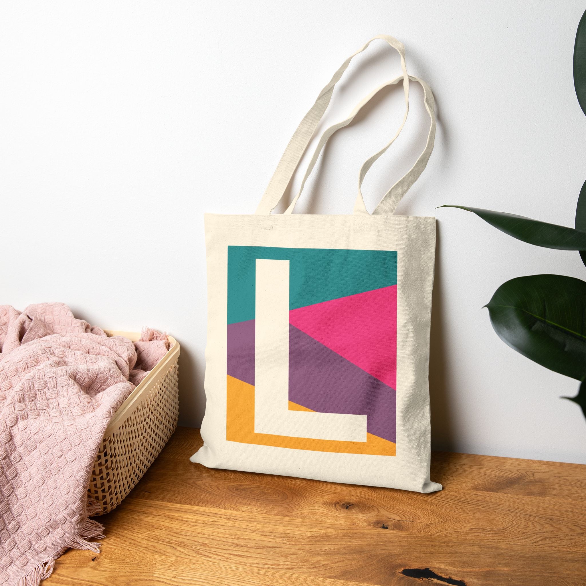 Initial L Colorblock Canvas Tote Bag — Monogram Letter L Reusable Grocery Tote