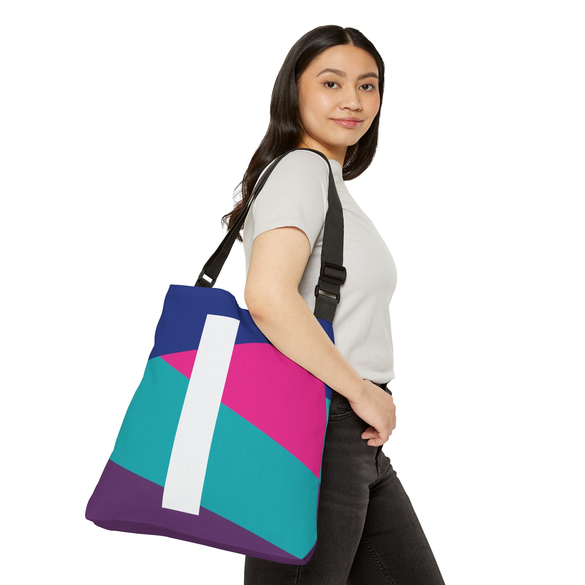 Initial Letter 'I' Colorblock Adjustable Tote Bag — Monogram Alphabet Shoulder Bag