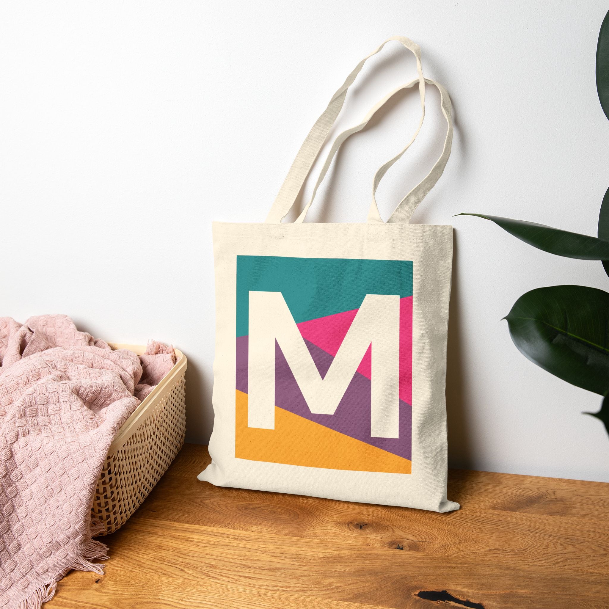 Initial M Colorblock Canvas Tote Bag — Monogram Letter M Reusable Grocery Tote
