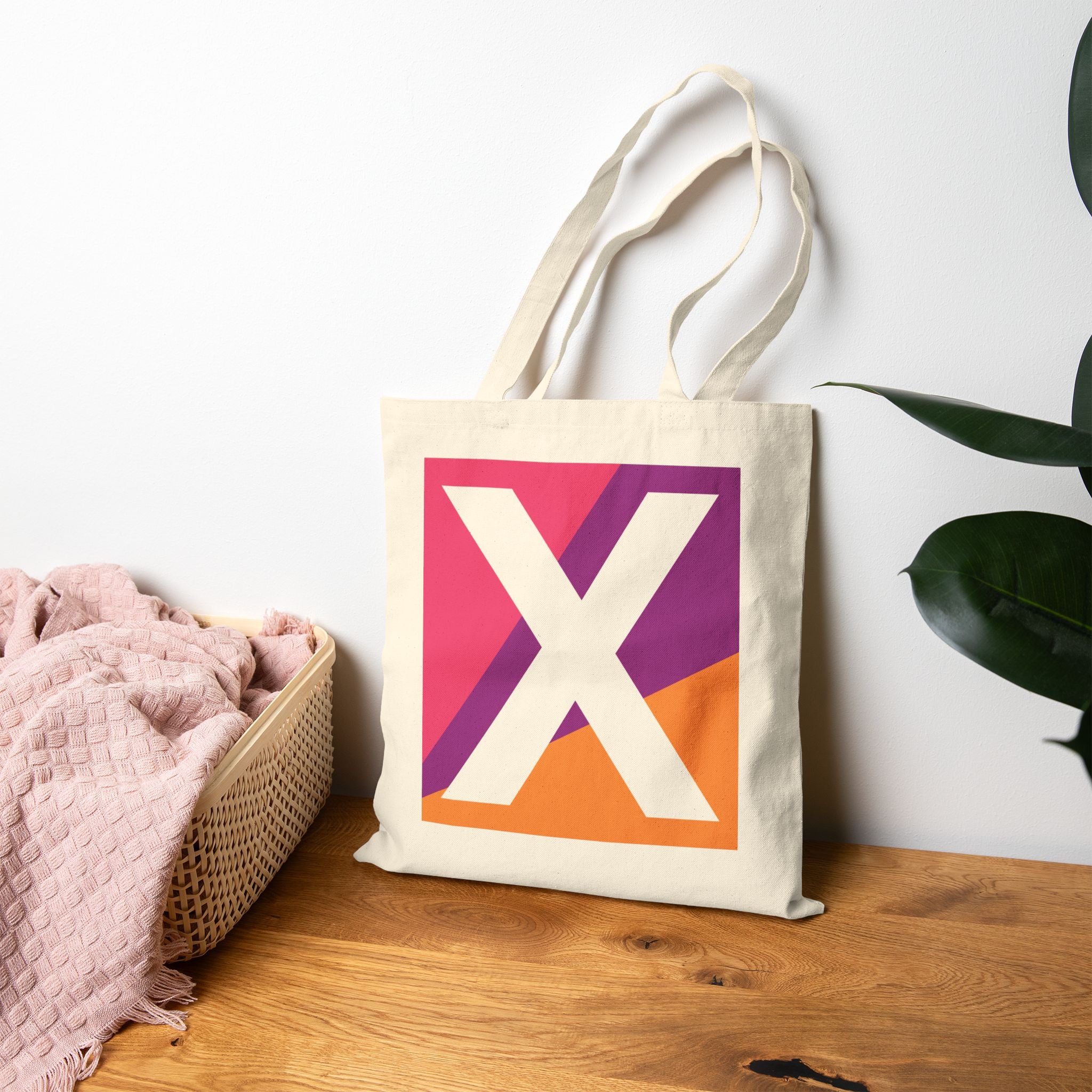 Initial X Colorblock Canvas Tote Bag — Monogram Letter X Reusable Grocery Tote