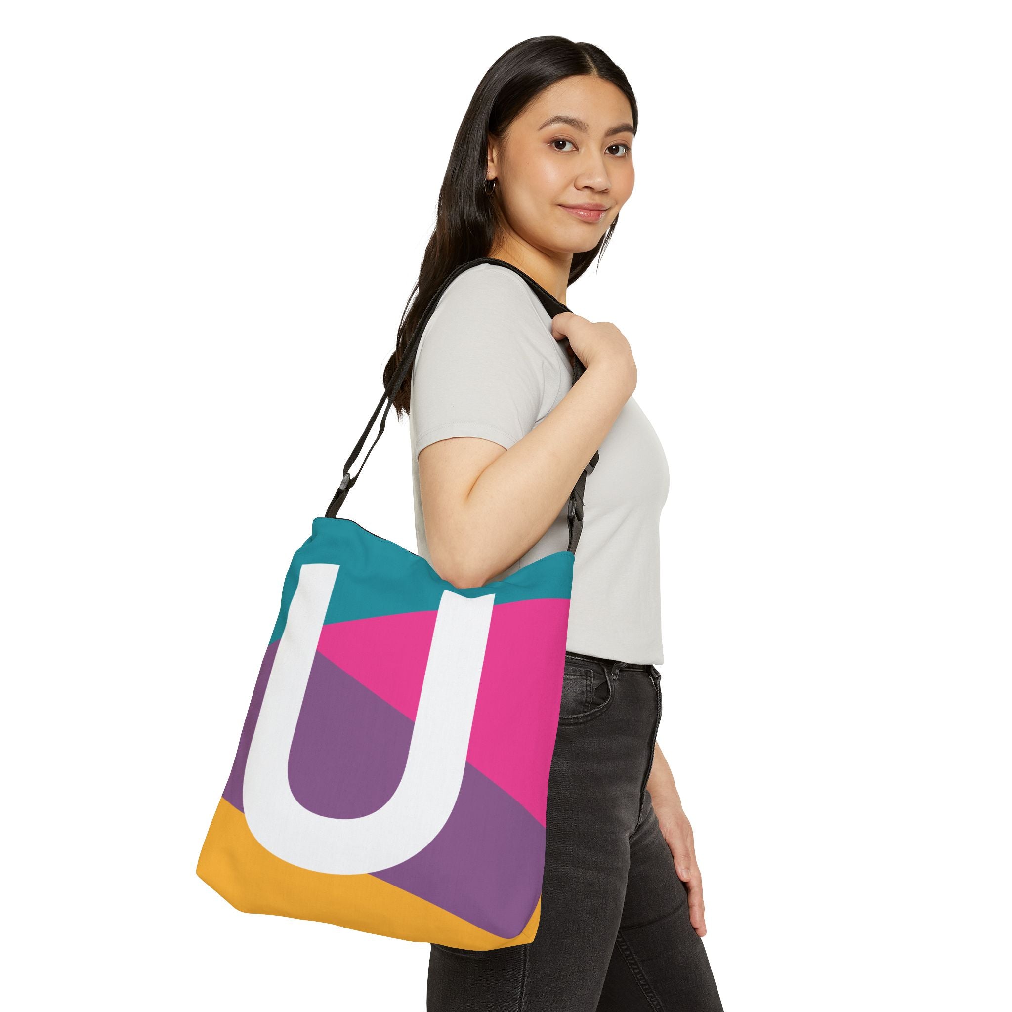 Initial Letter 'U' Colorblock Adjustable Tote Bag — Monogram Alphabet Shoulder Bag