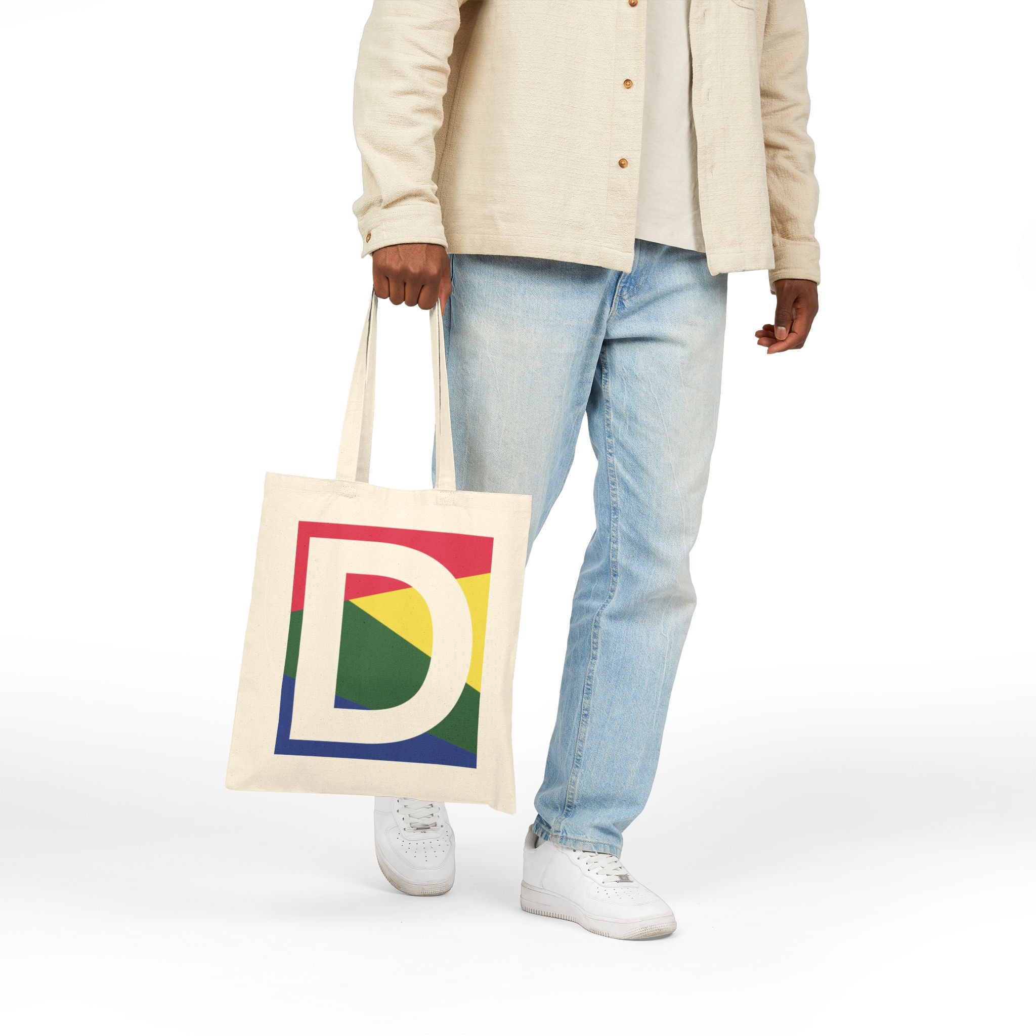 Initial D Colorblock Canvas Tote Bag — Monogram Letter D Reusable Grocery Tote