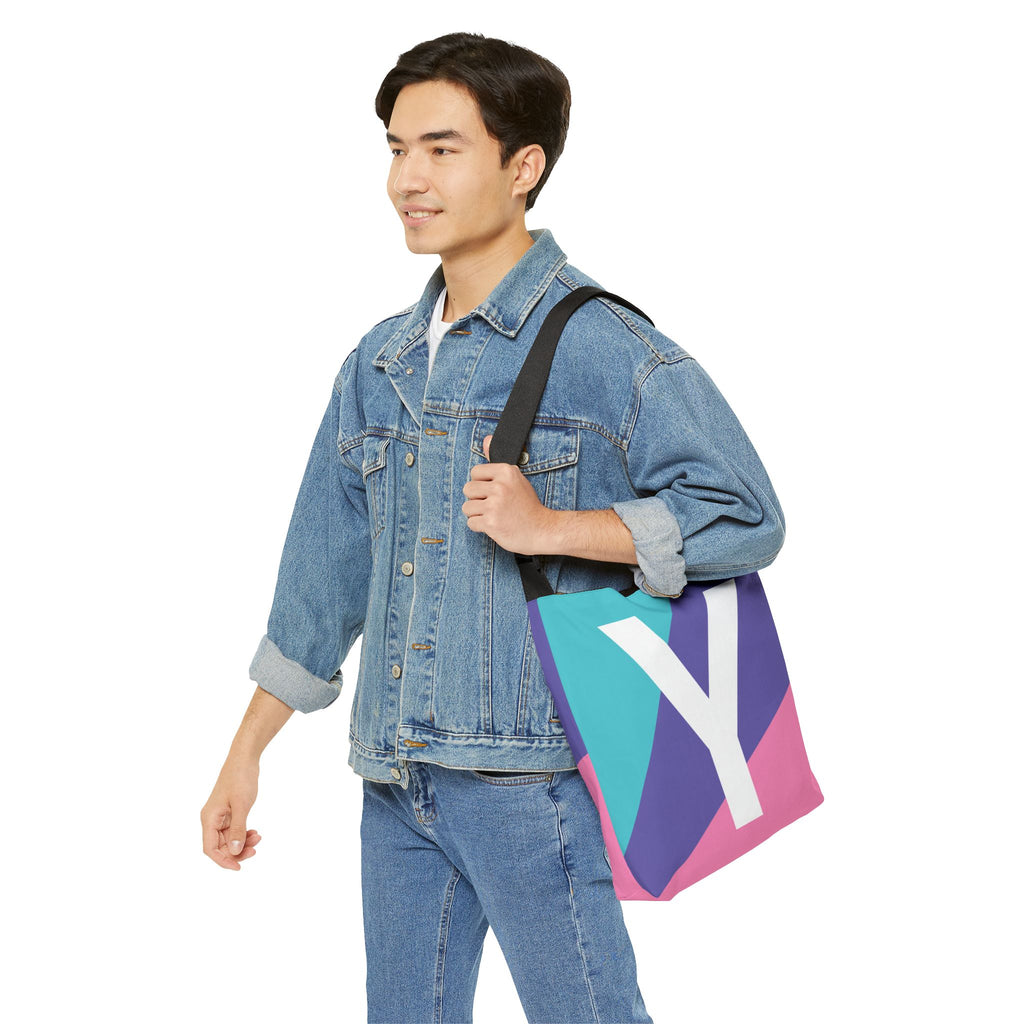 Initial Letter 'Y' Colorblock Adjustable Tote Bag — Monogram Alphabet Shoulder Bag