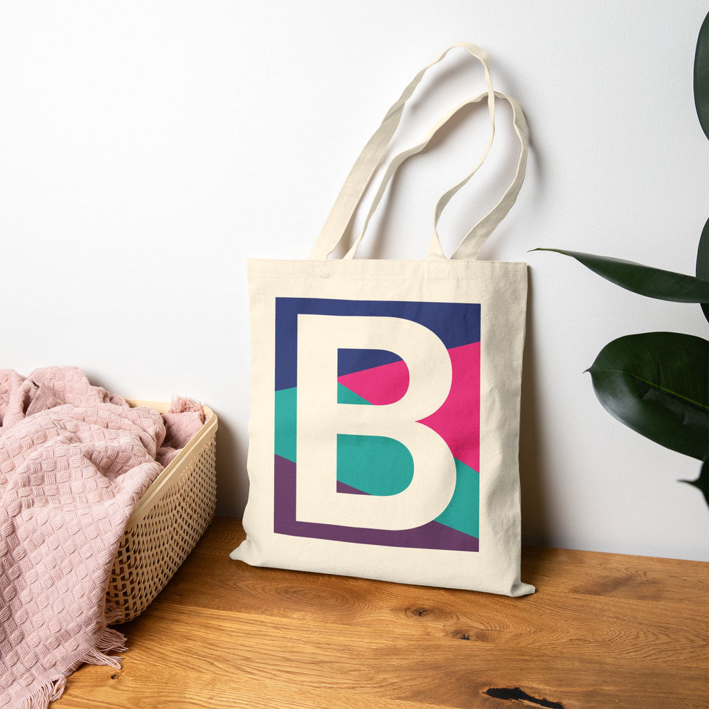 Initial B Colorblock Canvas Tote Bag — Monogram Letter B Reusable Grocery Tote