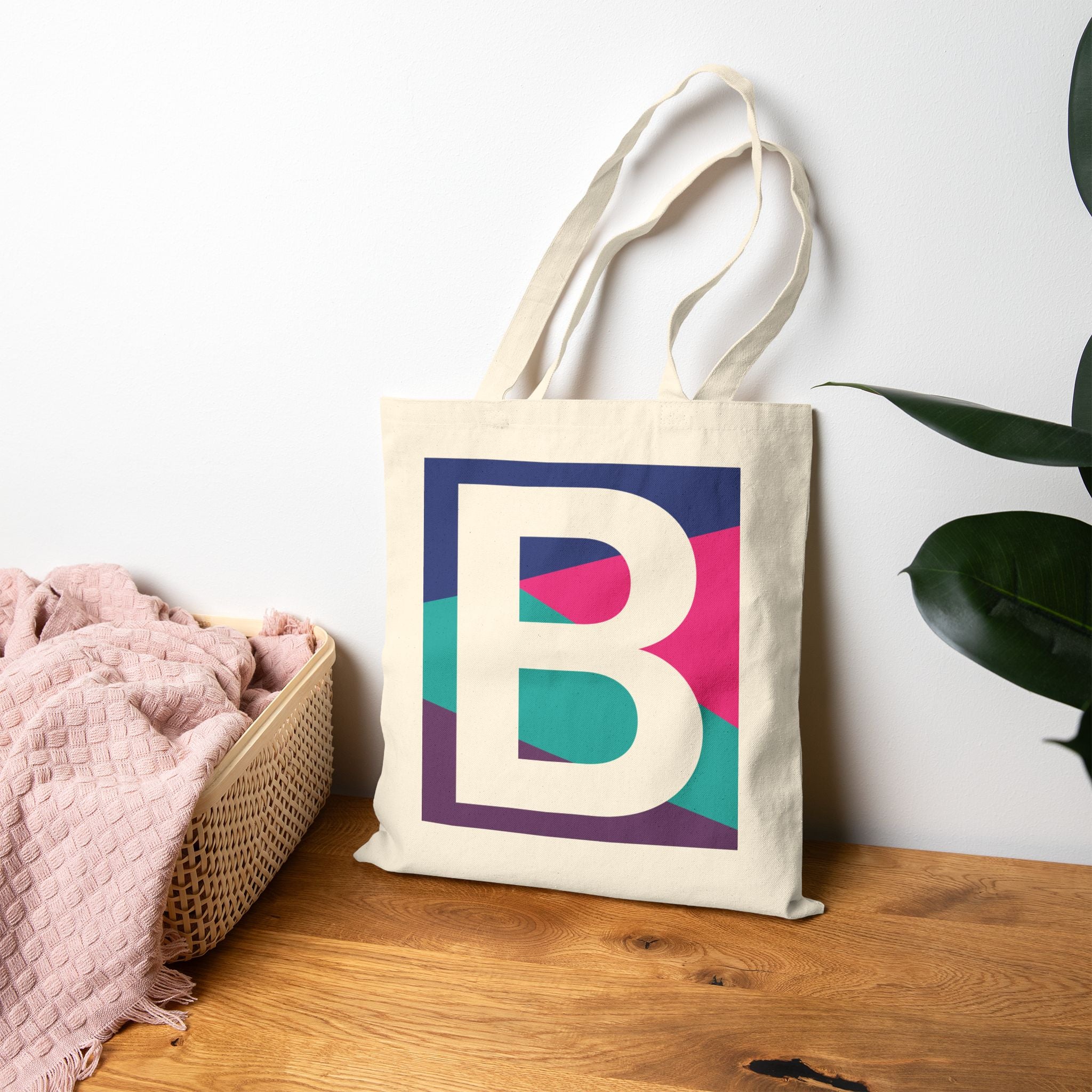 Initial B Colorblock Canvas Tote Bag — Monogram Letter B Reusable Grocery Tote