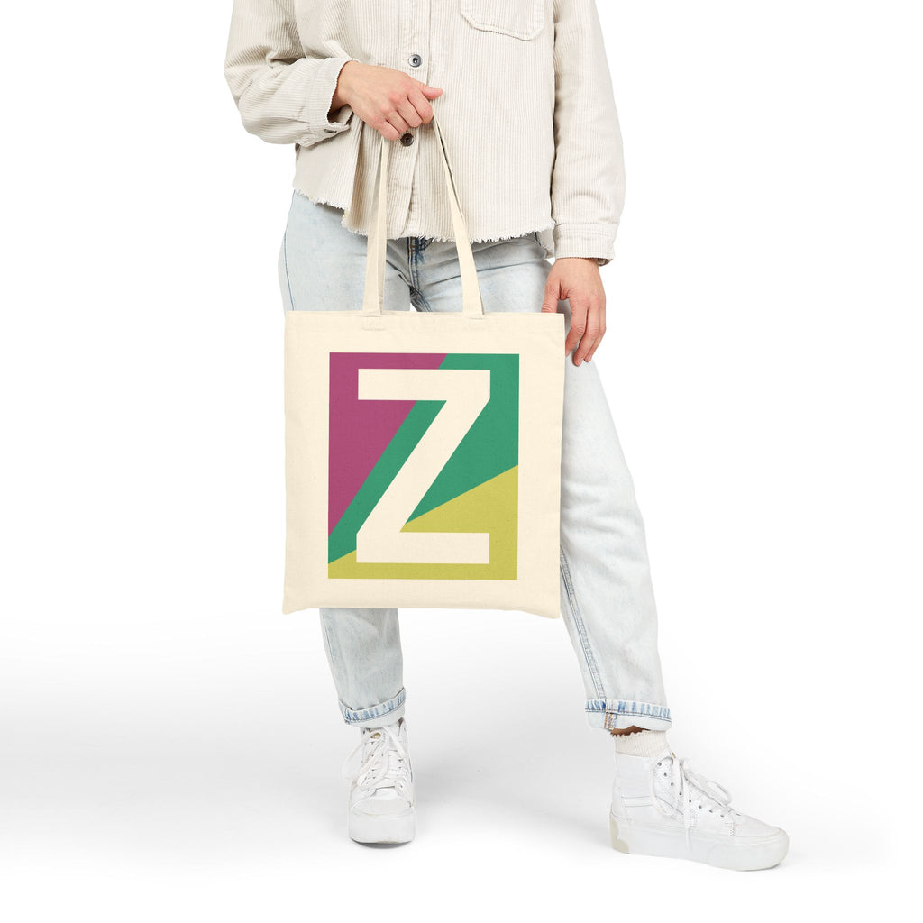 Initial Z Colorblock Canvas Tote Bag — Monogram Letter Z Reusable Grocery Tote