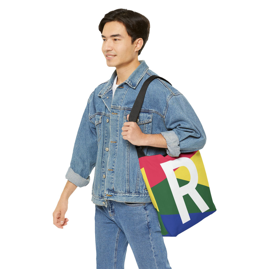 Initial Letter 'R' Colorblock Adjustable Tote Bag — Monogram Alphabet Shoulder Bag