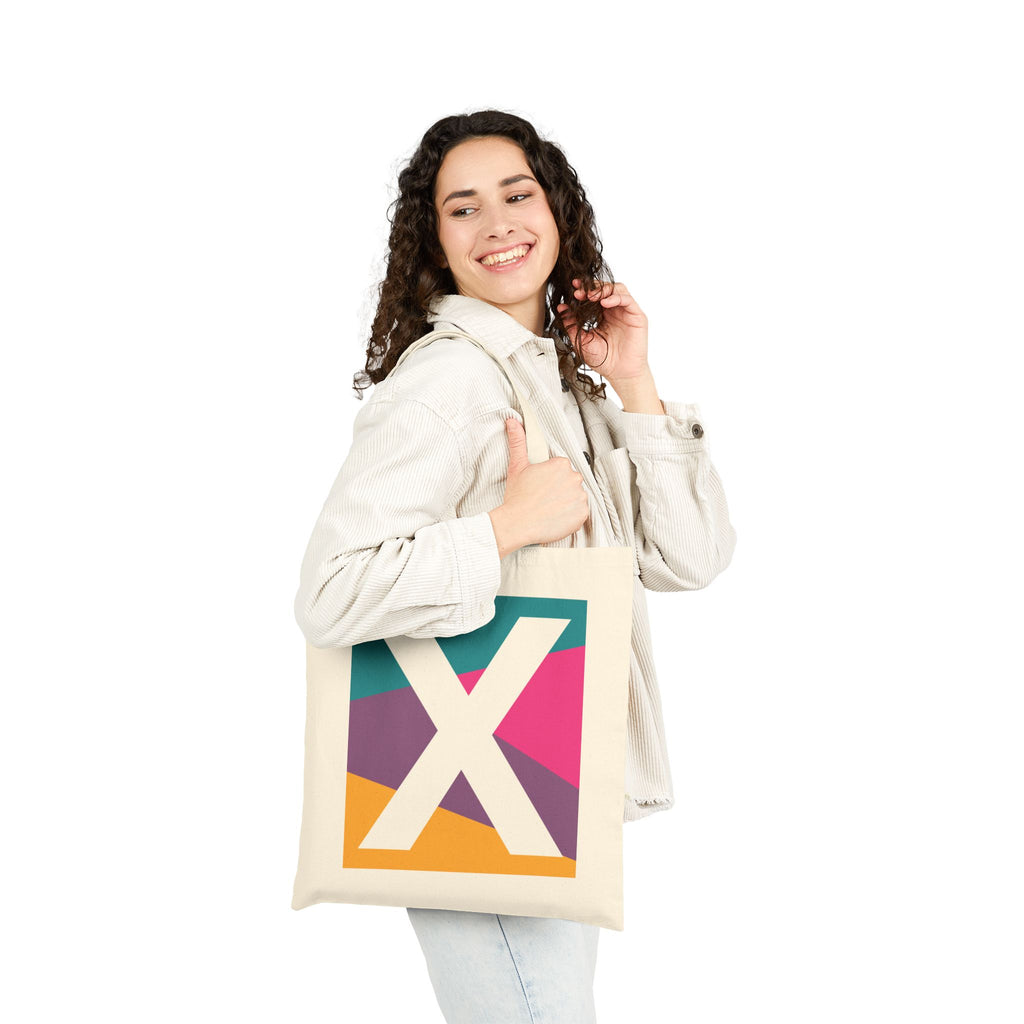 Initial X Colorblock Canvas Tote Bag — Monogram Letter X Reusable Grocery Tote