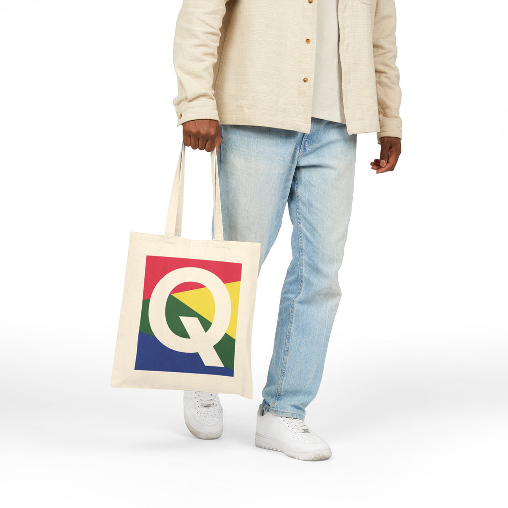 Initial Q Colorblock Canvas Tote Bag — Monogram Letter Q Reusable Grocery Tote