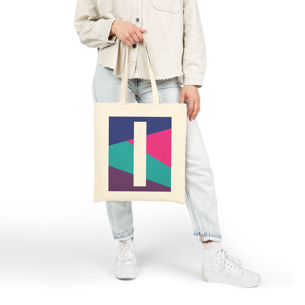 Initial I Colorblock Canvas Tote Bag — Monogram Letter I Reusable Grocery Tote