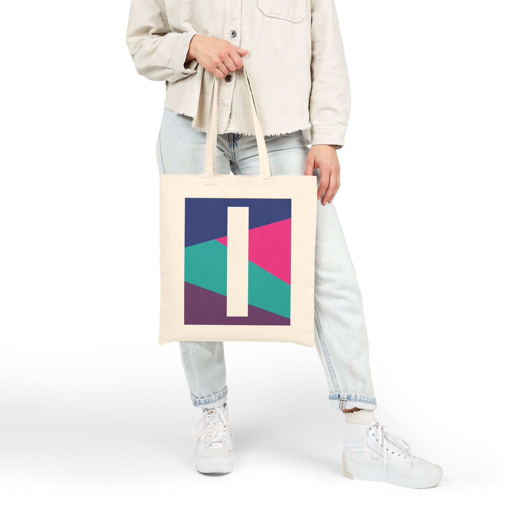 Initial I Colorblock Canvas Tote Bag — Monogram Letter I Reusable Grocery Tote