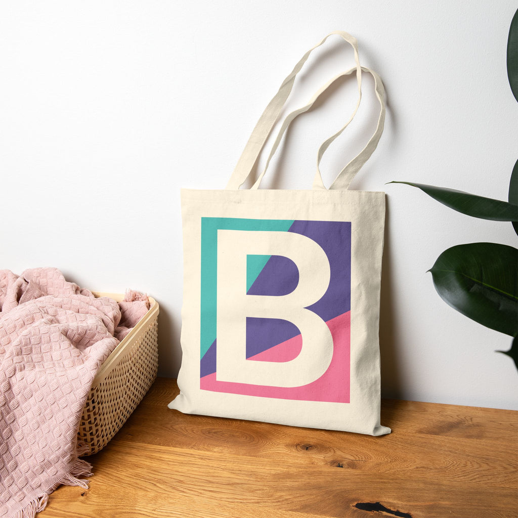 Initial B Colorblock Canvas Tote Bag — Monogram Letter B Reusable Grocery Tote