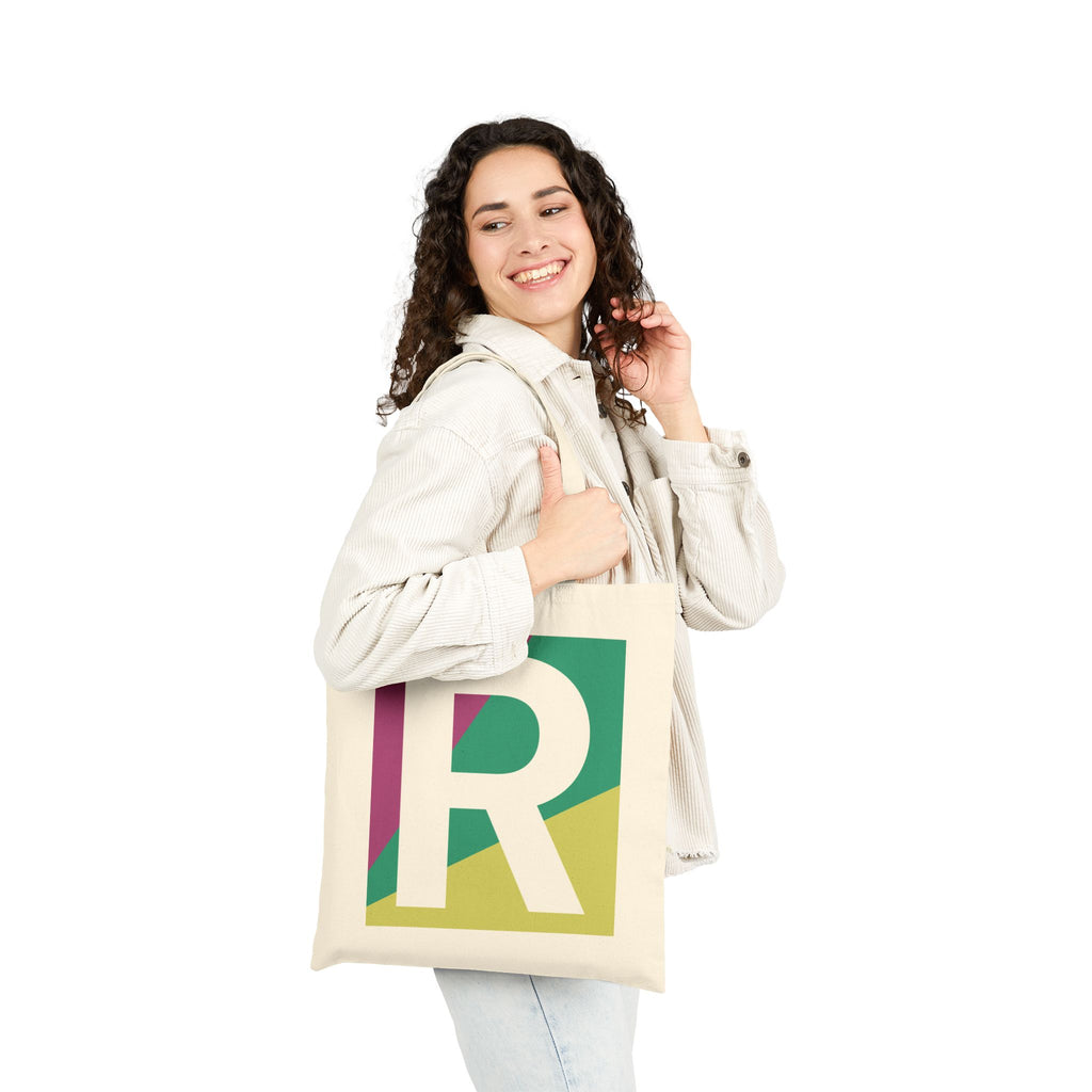 Initial R Colorblock Canvas Tote Bag — Monogram Letter R Reusable Grocery Tote