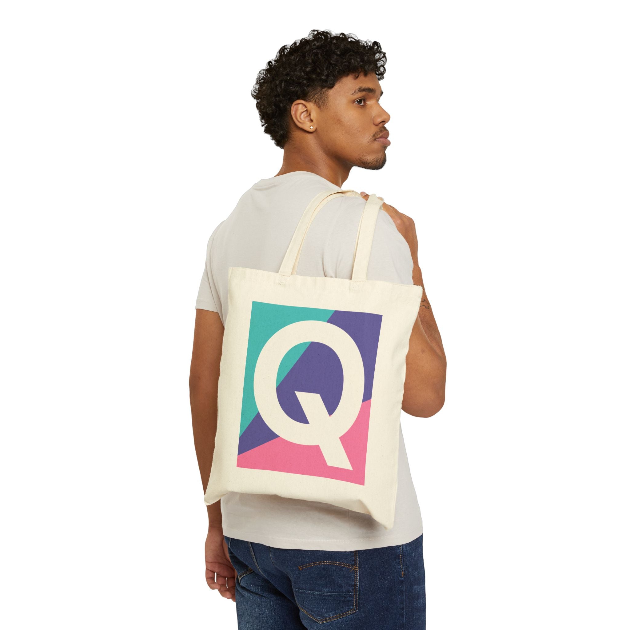 Initial Q Colorblock Canvas Tote Bag — Monogram Letter Q Reusable Grocery Tote