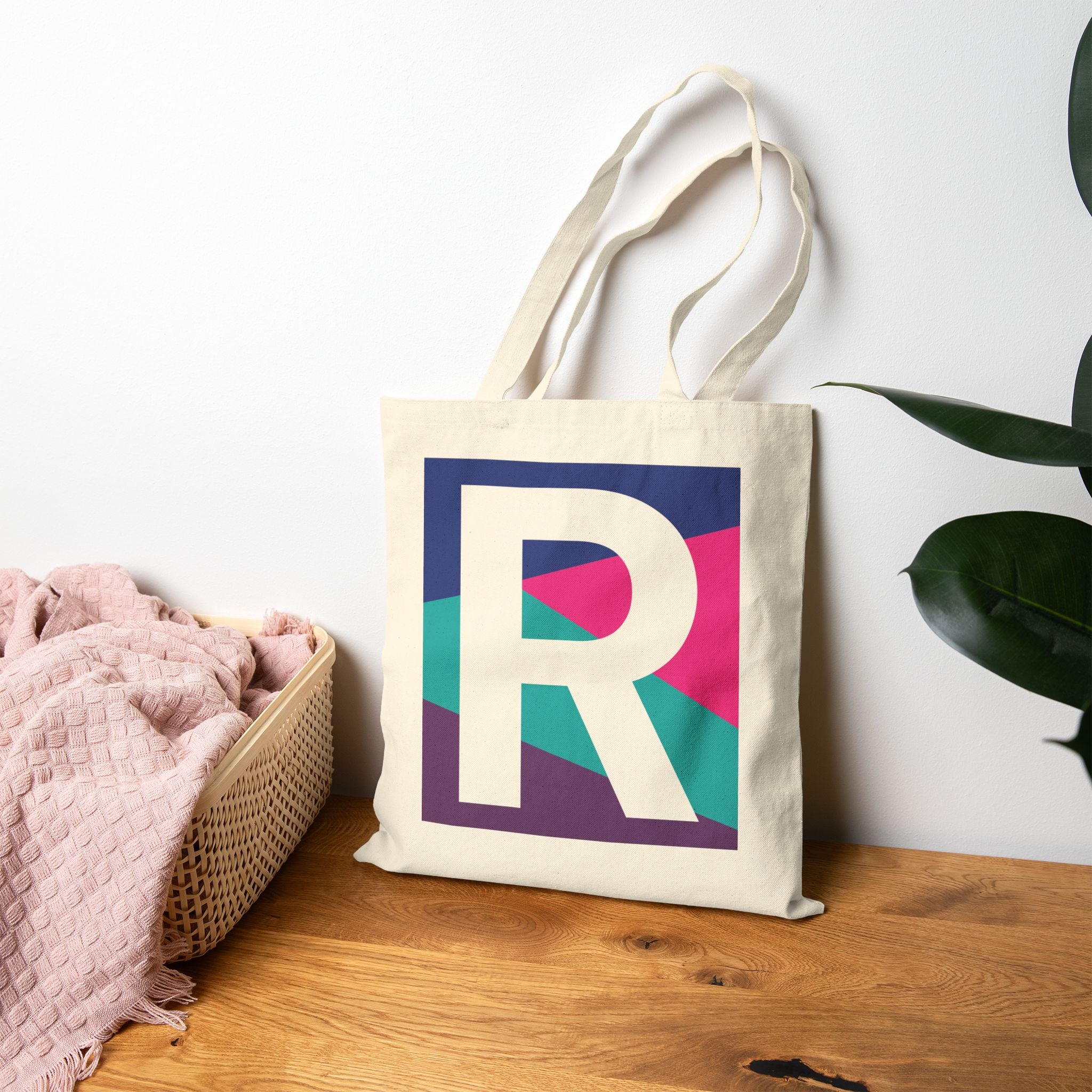 Initial R Colorblock Canvas Tote Bag — Monogram Letter R Reusable Grocery Tote
