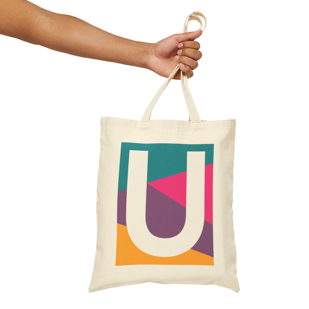 Initial U Colorblock Canvas Tote Bag — Monogram Letter U Reusable Grocery Tote