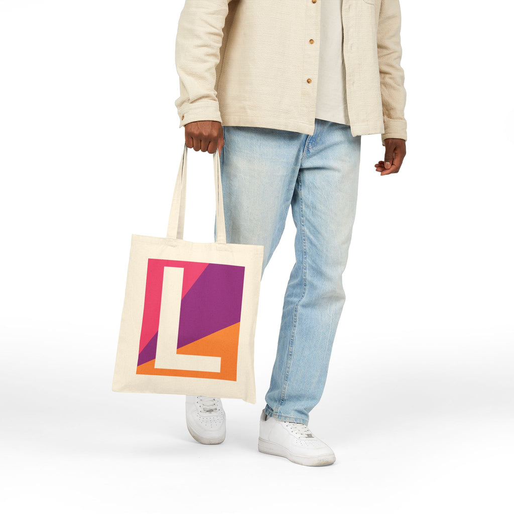 Initial L Colorblock Canvas Tote Bag — Monogram Letter L Reusable Grocery Tote