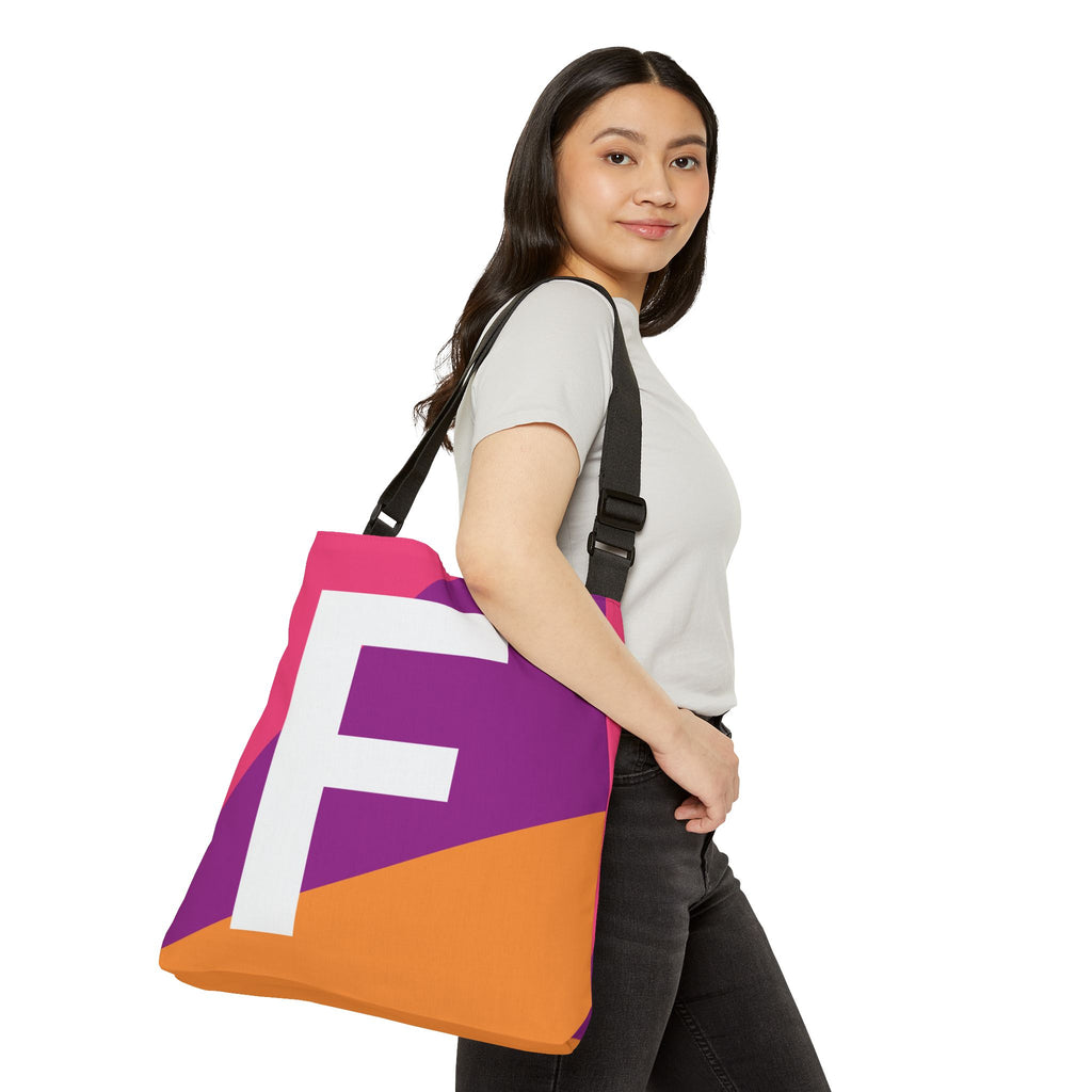 Initial Letter 'F' Colorblock Adjustable Tote Bag — Monogram Alphabet Shoulder Bag
