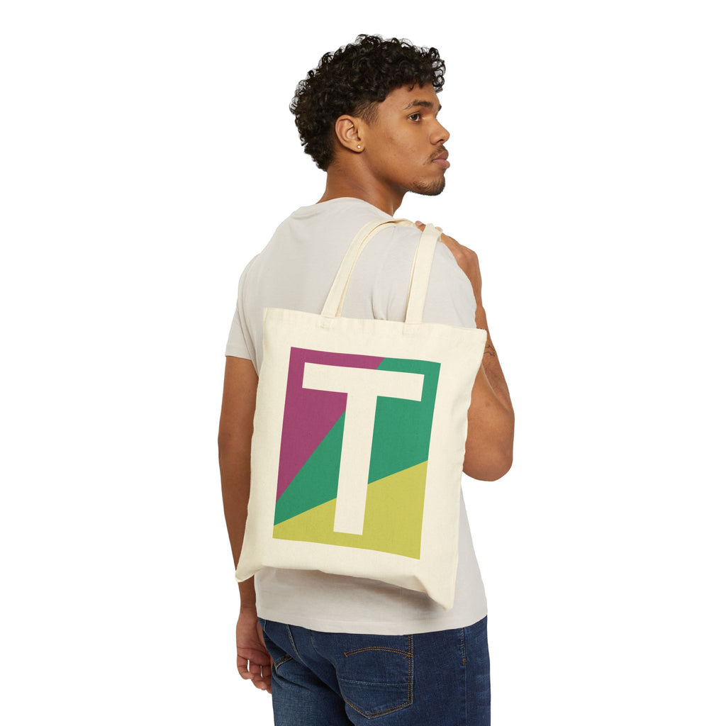 Initial T Colorblock Canvas Tote Bag — Monogram Letter T Reusable Grocery Tote