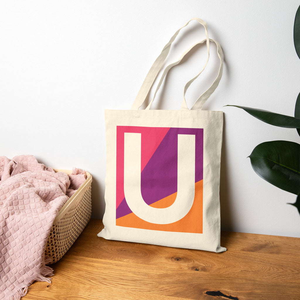 Initial U Colorblock Canvas Tote Bag — Monogram Letter U Reusable Grocery Tote