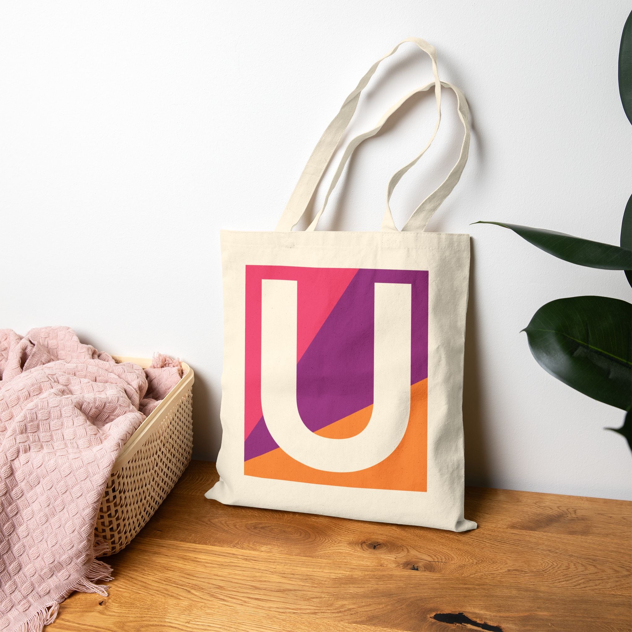 Initial U Colorblock Canvas Tote Bag — Monogram Letter U Reusable Grocery Tote