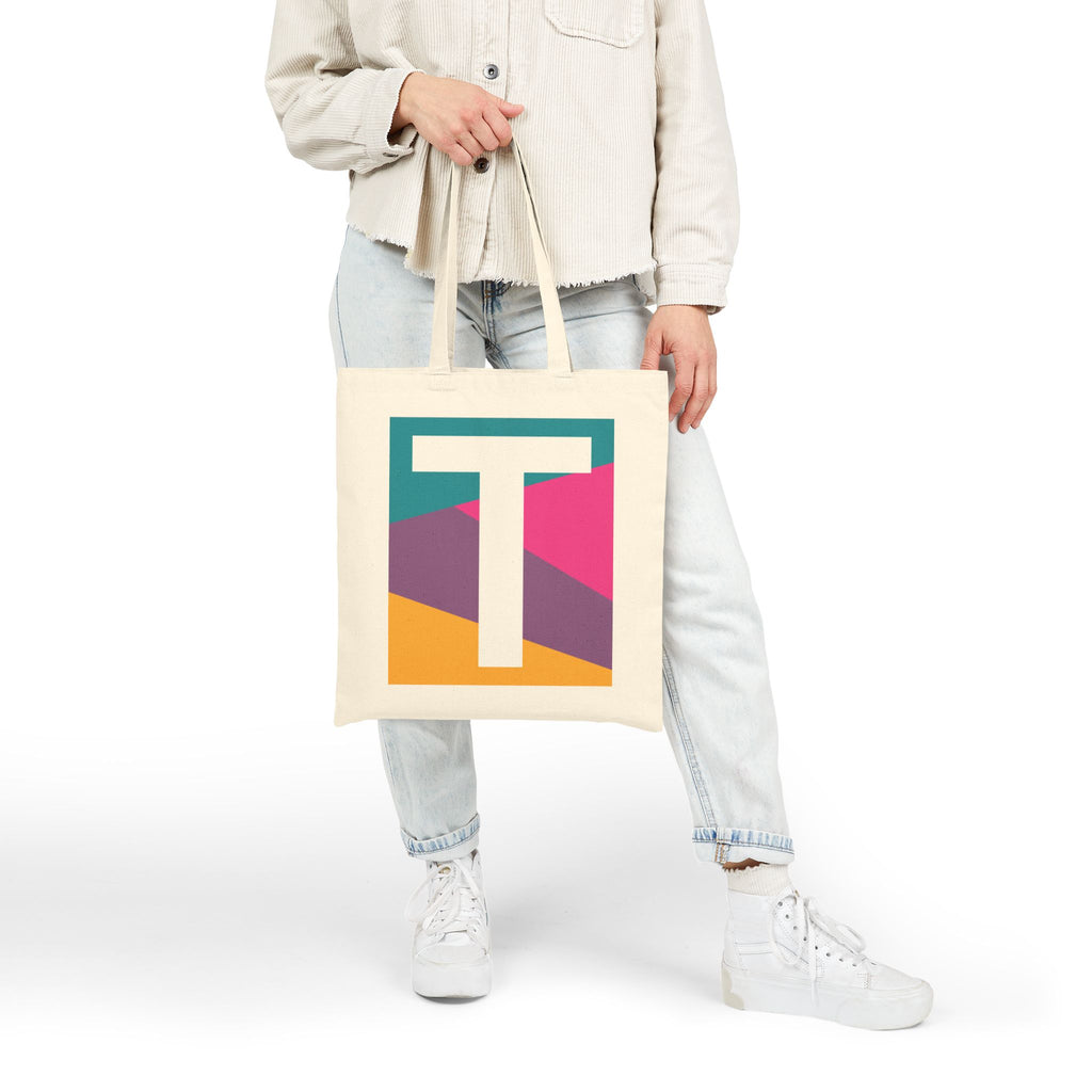 Initial T Colorblock Canvas Tote Bag — Monogram Letter T Reusable Grocery Tote