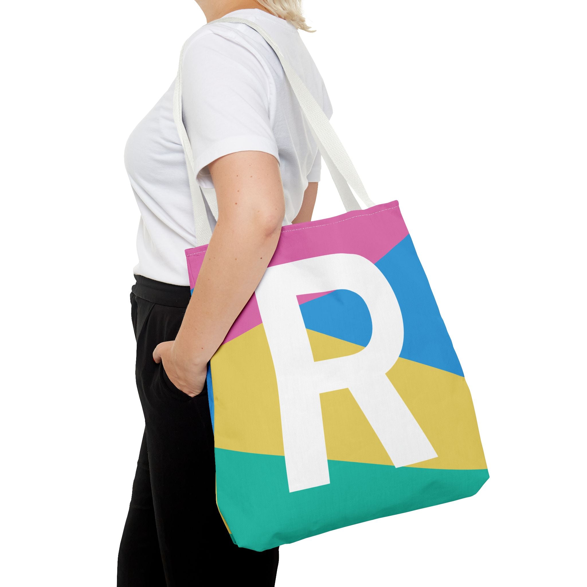 Monogram 'R' Colorblock Tote Bag — Personalized Initial R Shoulder Tote
