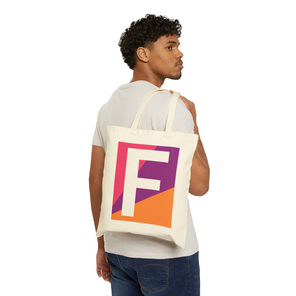 Initial F Colorblock Canvas Tote Bag — Monogram Letter F Reusable Grocery Tote