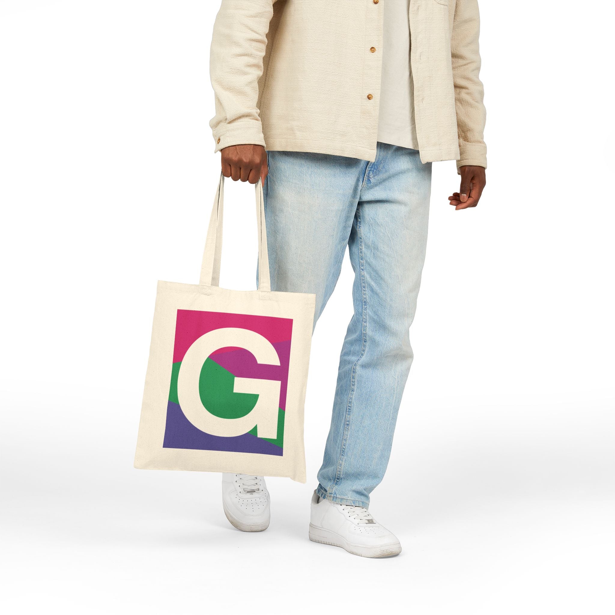 Initial G Colorblock Canvas Tote Bag — Monogram Letter G Reusable Grocery Tote