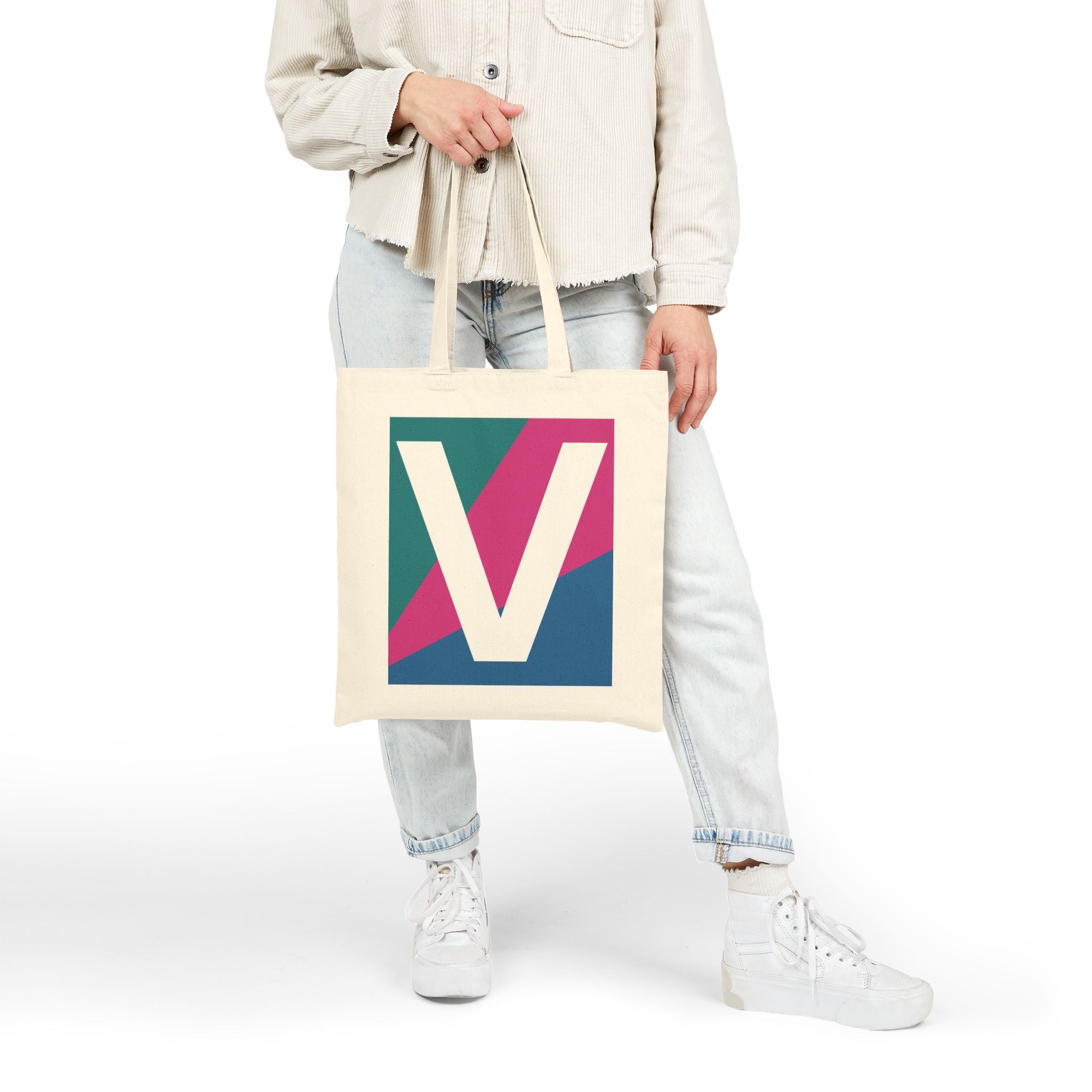 Initial V Colorblock Canvas Tote Bag — Monogram Letter V Reusable Grocery Tote