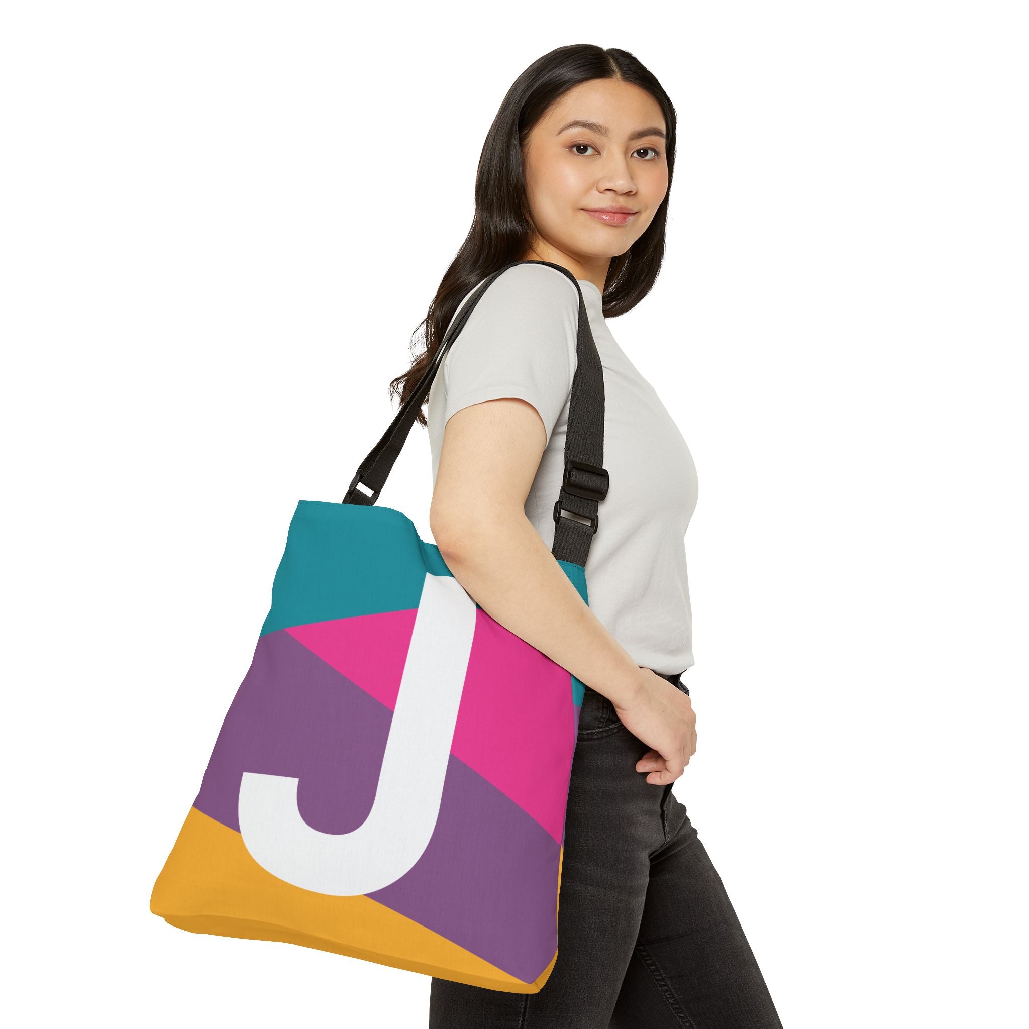 Initial Letter 'J' Colorblock Adjustable Tote Bag — Monogram Alphabet Shoulder Bag