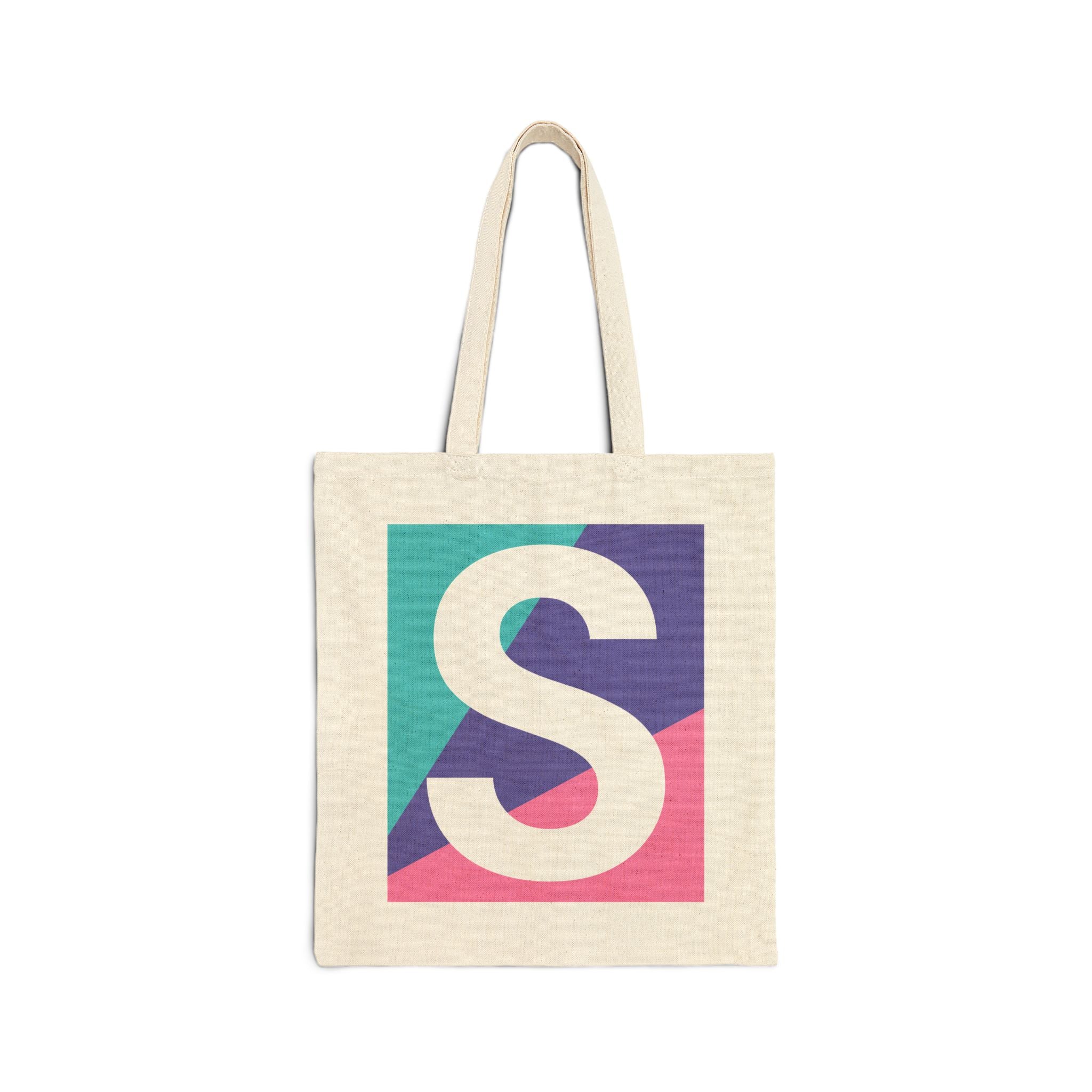 Initial S Colorblock Canvas Tote Bag — Monogram Letter S Reusable Grocery Tote