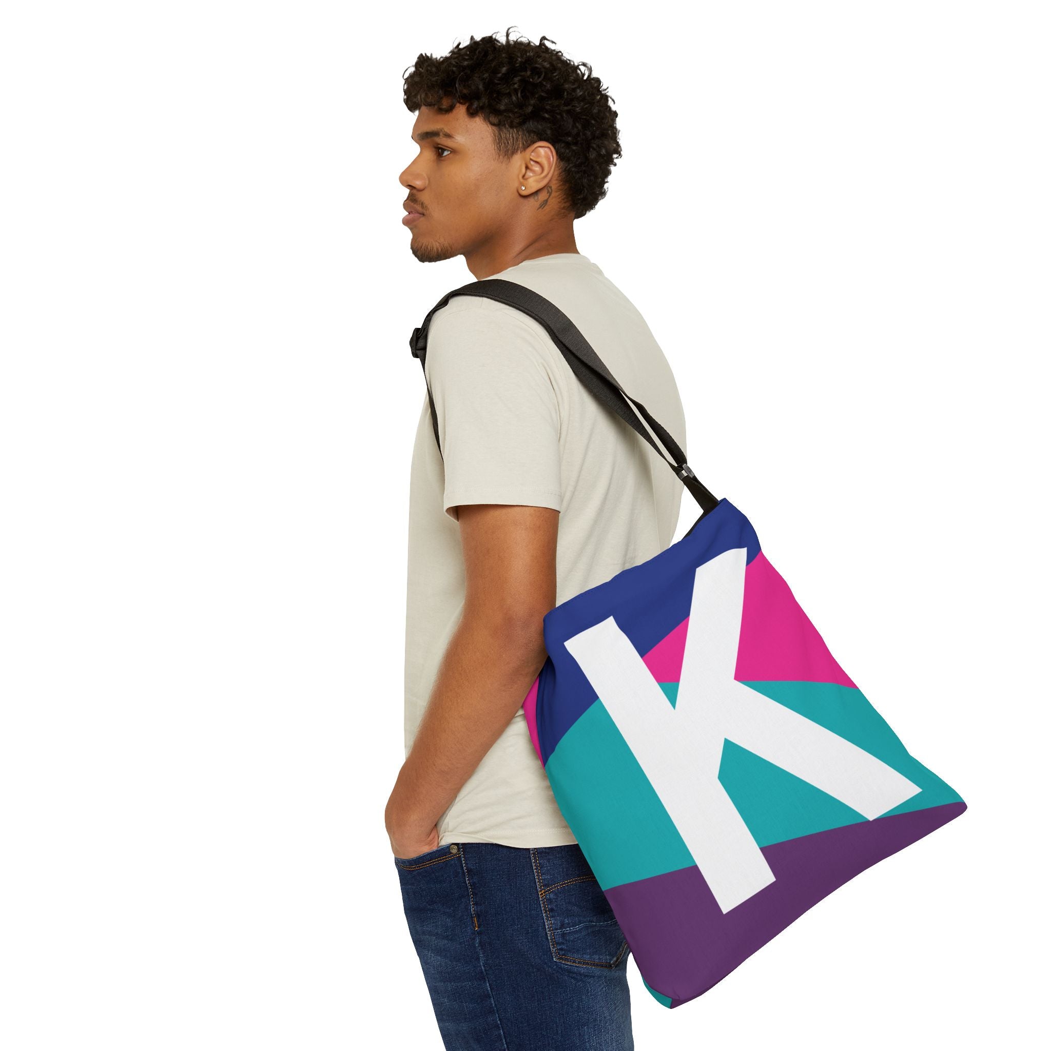 Initial Letter 'K' Colorblock Adjustable Tote Bag — Monogram Alphabet Shoulder Bag