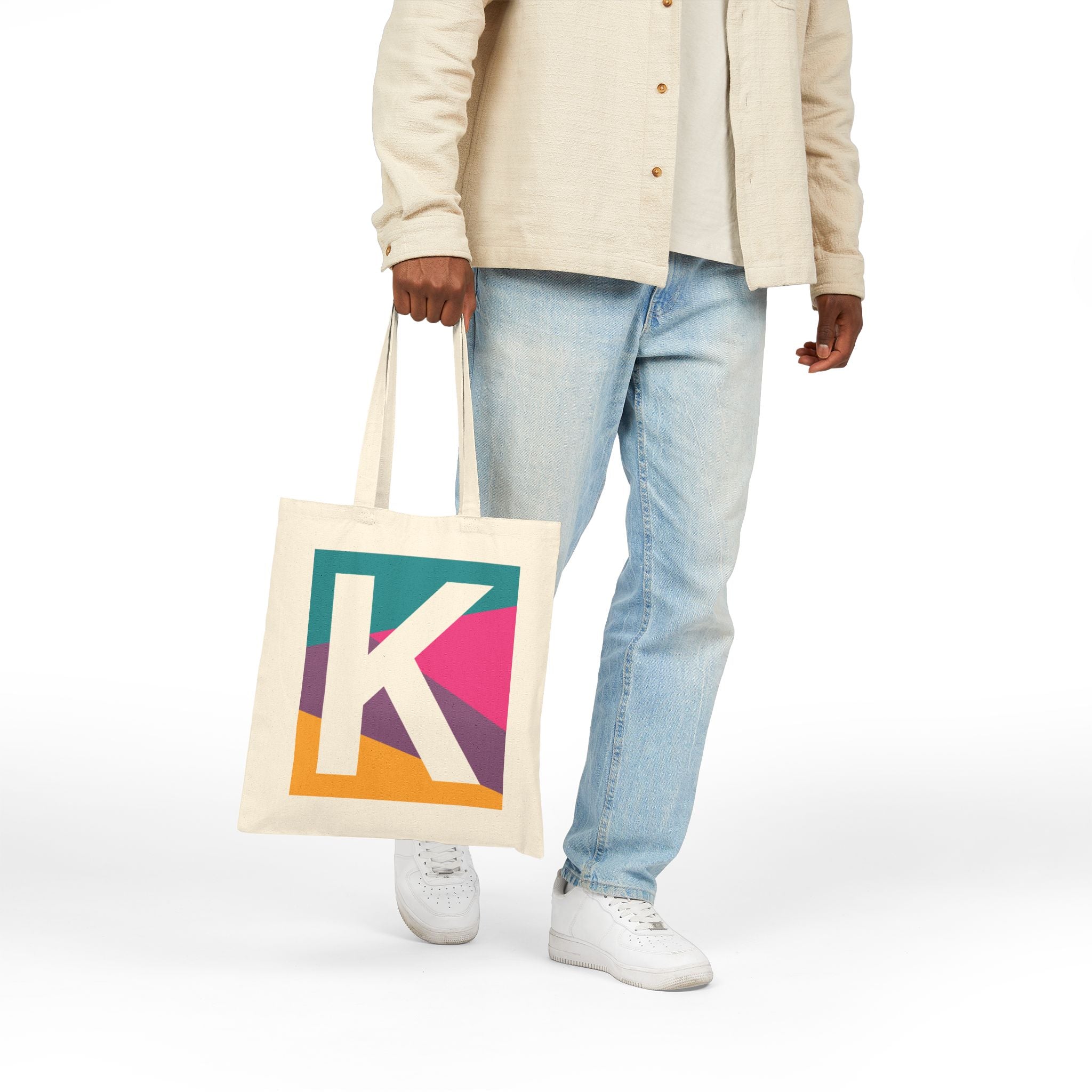 Initial K Colorblock Canvas Tote Bag — Monogram Letter K Reusable Grocery Tote