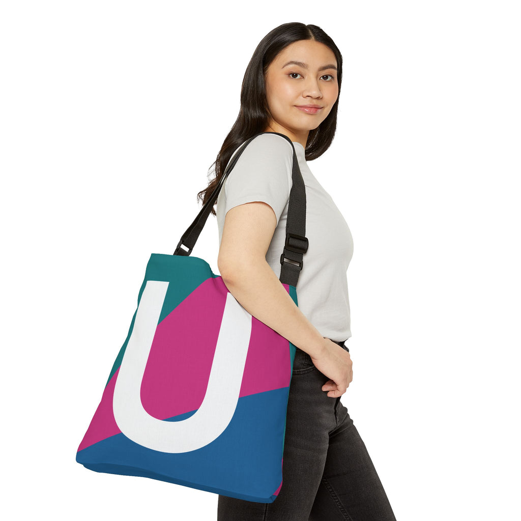 Initial Letter 'U' Colorblock Adjustable Tote Bag — Monogram Alphabet Shoulder Bag