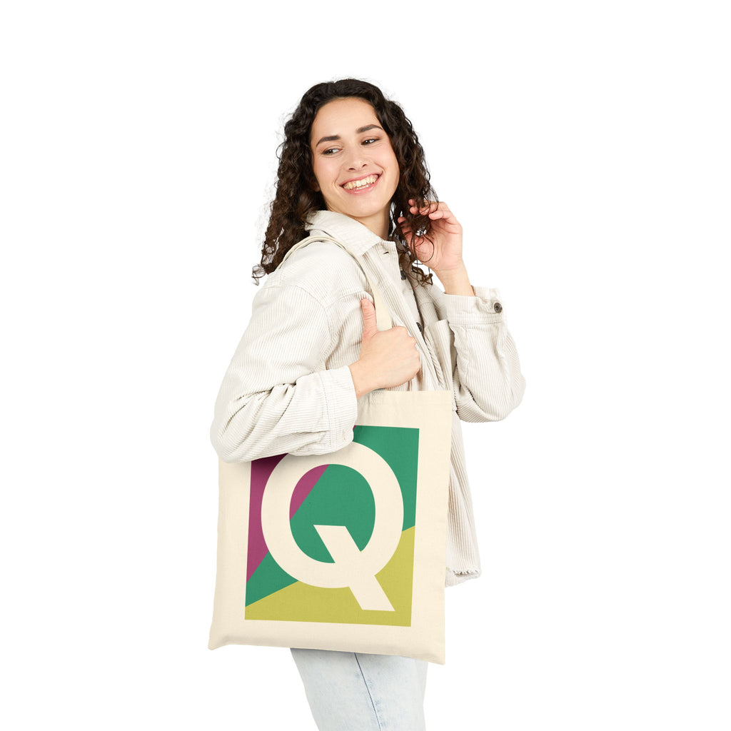 Initial Q Colorblock Canvas Tote Bag — Monogram Letter Q Reusable Grocery Tote
