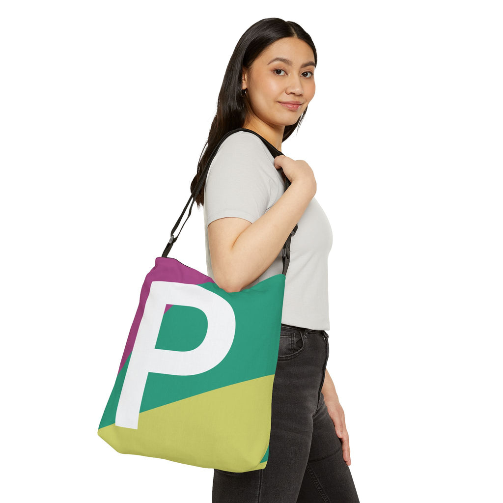 Initial Letter 'P' Colorblock Adjustable Tote Bag — Monogram Alphabet Shoulder Bag