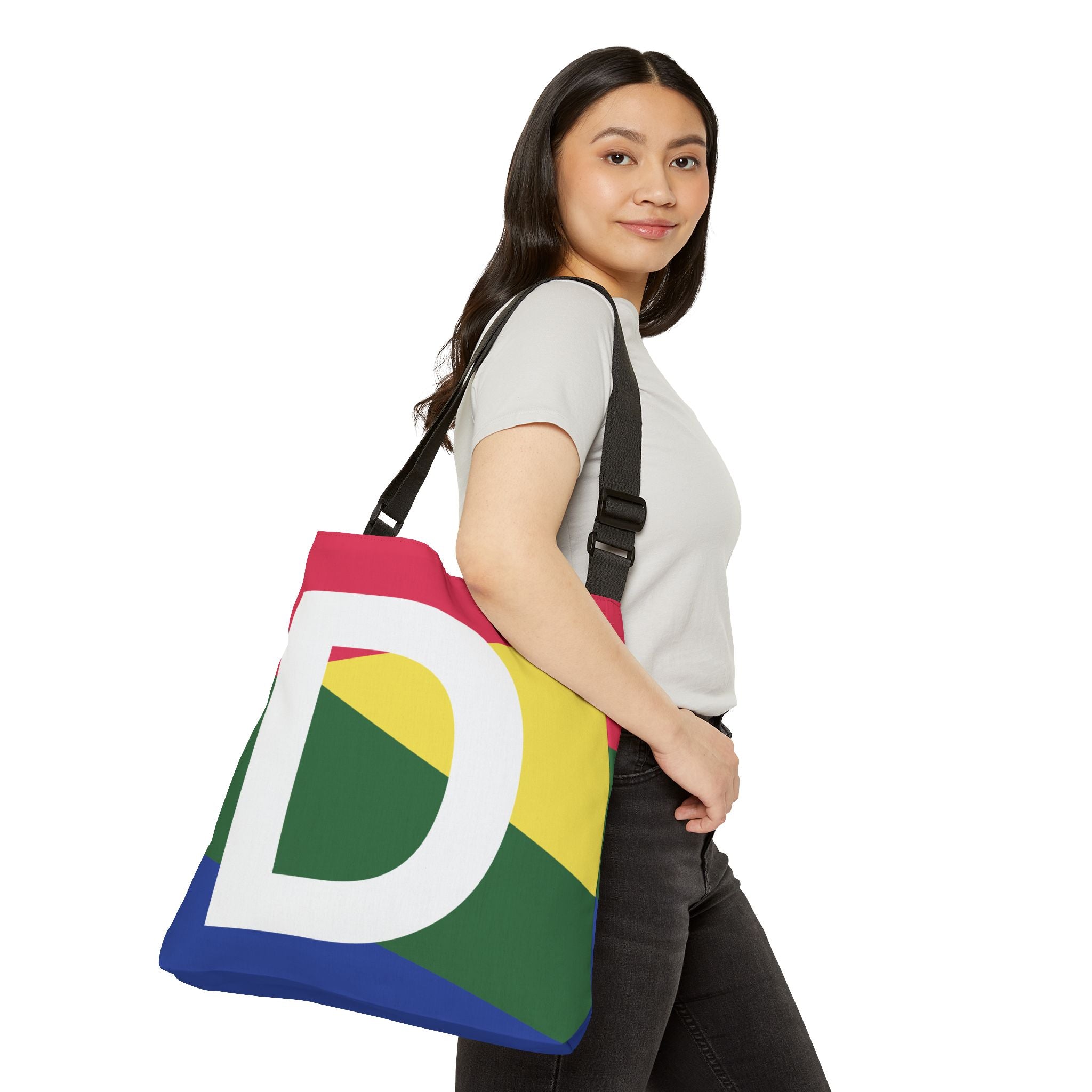 Initial Letter 'D' Colorblock Adjustable Tote Bag — Monogram Alphabet Shoulder Bag