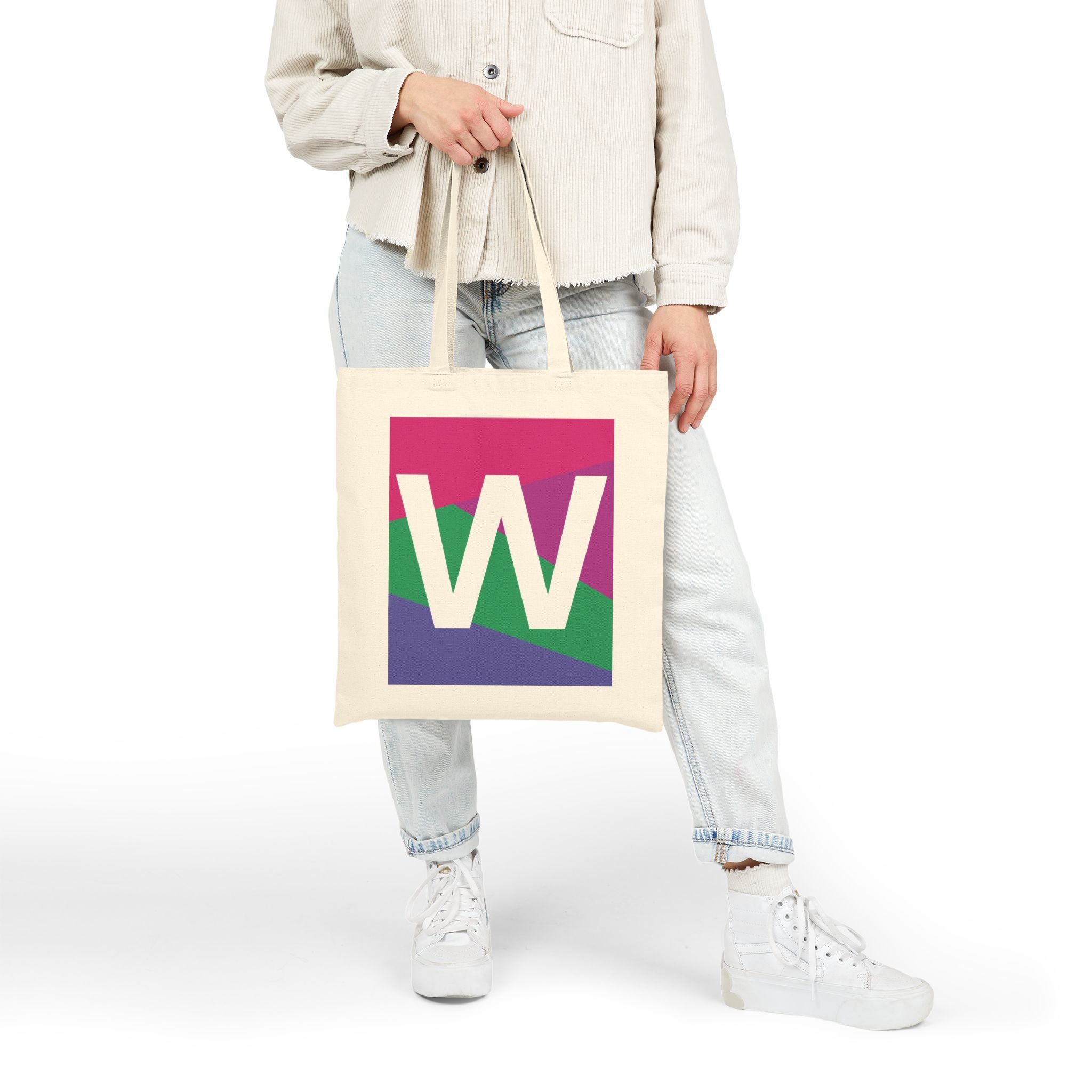 Initial W Colorblock Canvas Tote Bag — Monogram Letter W Reusable Grocery Tote