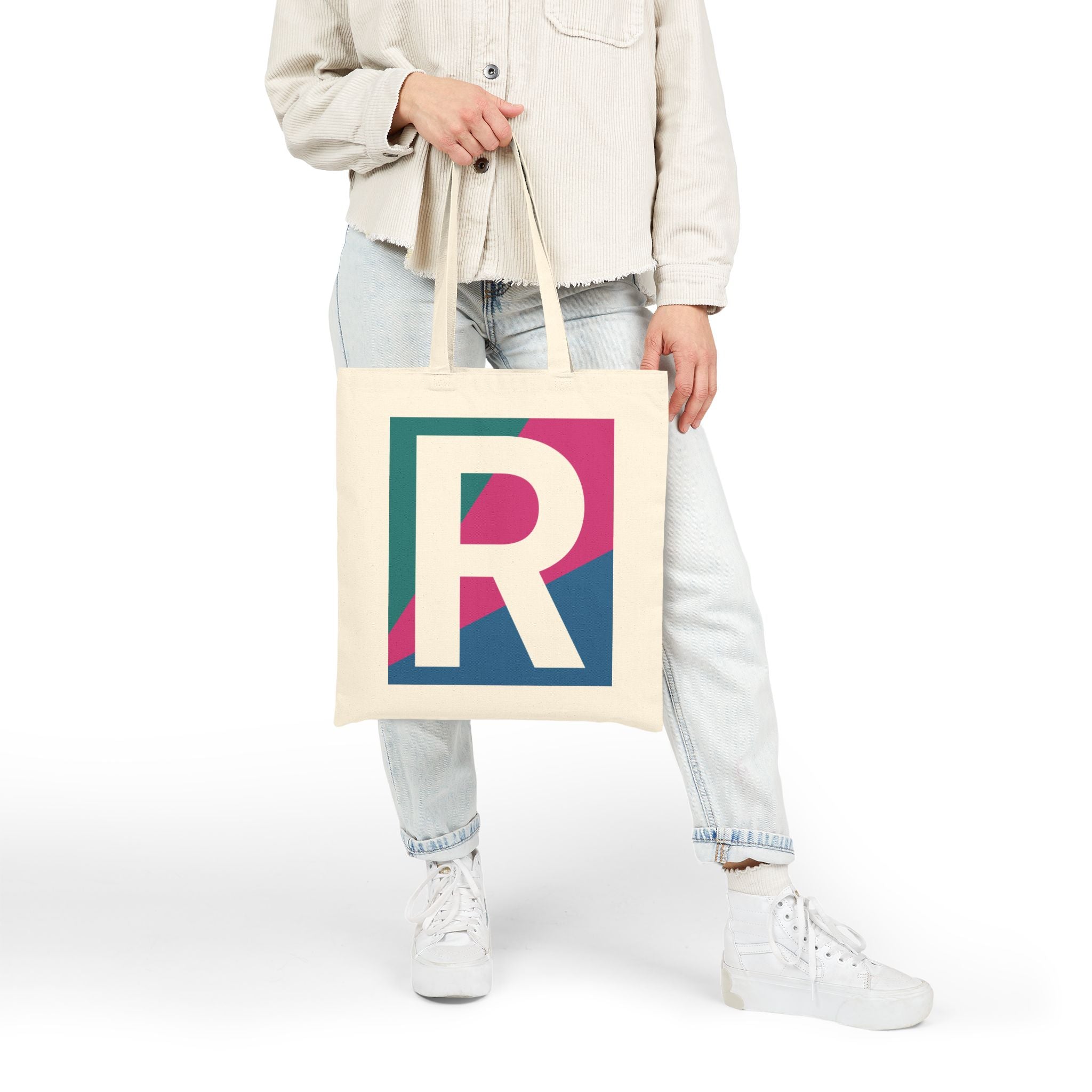 Initial R Colorblock Canvas Tote Bag — Monogram Letter R Reusable Grocery Tote
