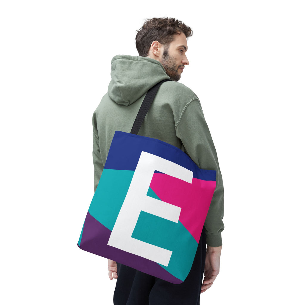 Monogram 'E' Colorblock Tote Bag — Personalized Initial E Shoulder Tote