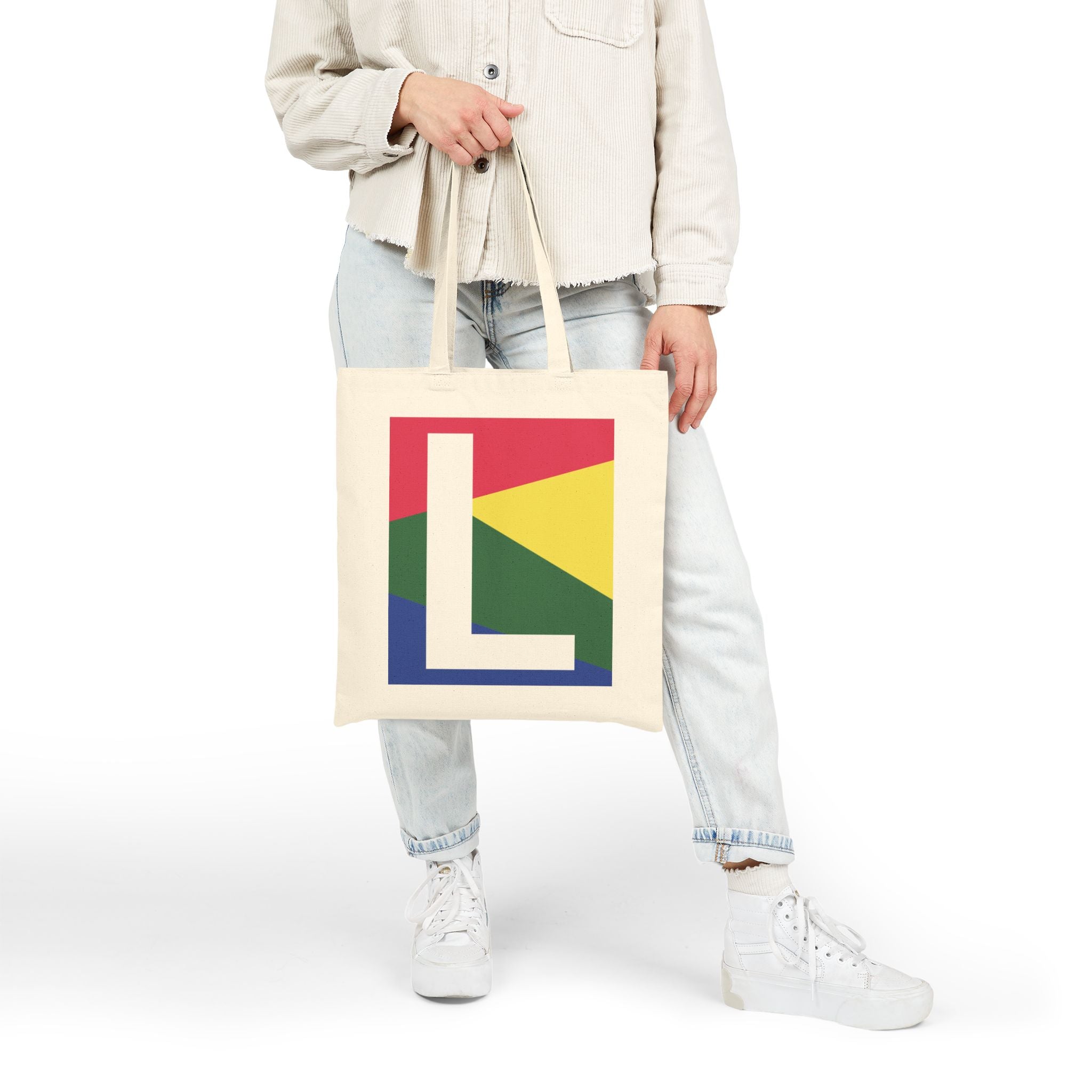 Initial L Colorblock Canvas Tote Bag — Monogram Letter L Reusable Grocery Tote